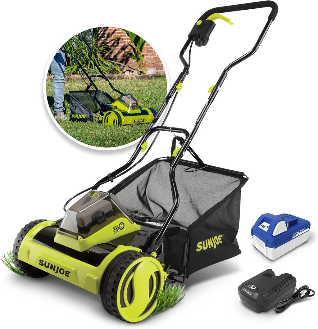 Sun Joe Cordless Electric Push Lawn Mower with 11.9-Gal Bag, 15-Inch Cutting Width, 360W Motor - Heavy-Duty Yard Trimmer for Gardening Care and Maintenance, IONMAX 24V-CRLM15