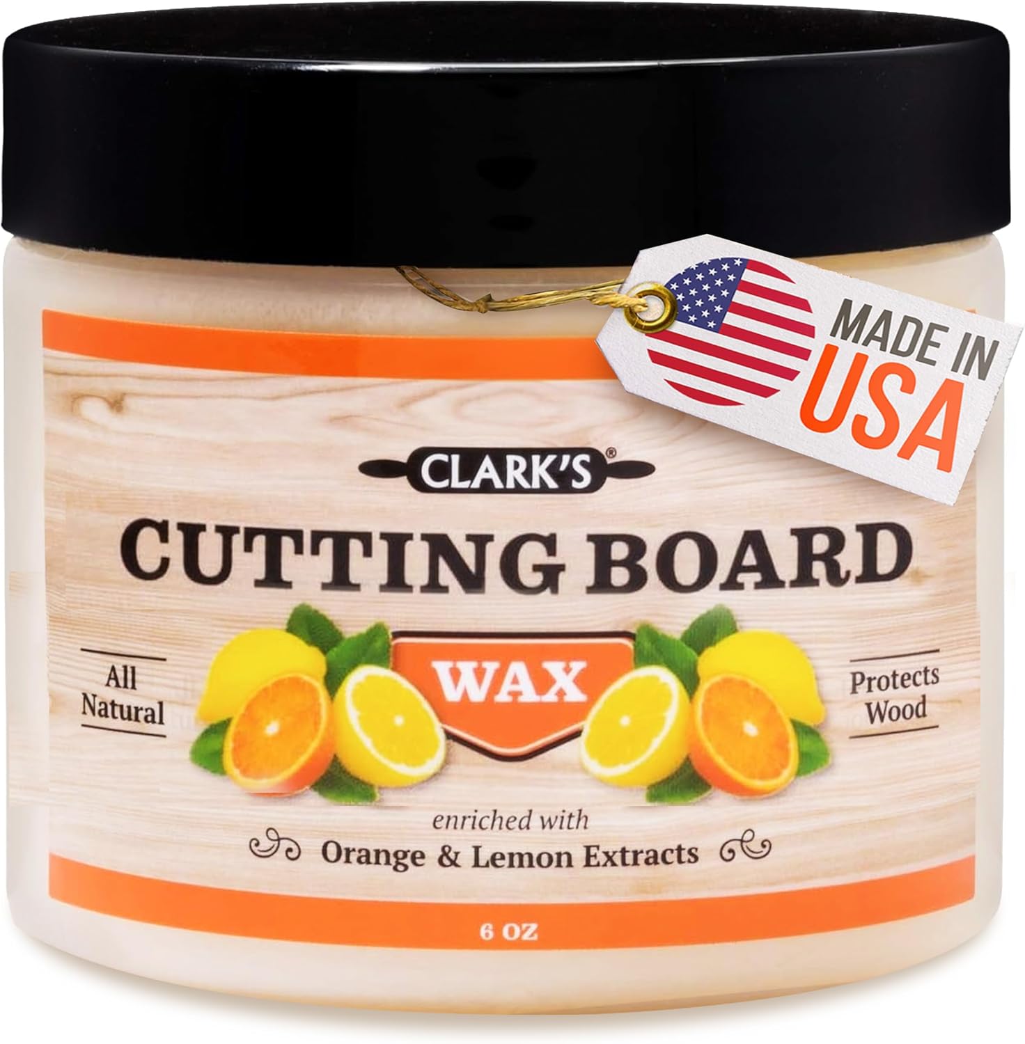 CLARK'S Cutting Board Wax - 2-in-1 Wood Butter & Food Grade Mineral Oil with Beeswax ¨C Butcher Block Conditioner for Cutting Boards ¨C Orange & Lemon Essential Oil Scent ¨C Made in USA, 6oz