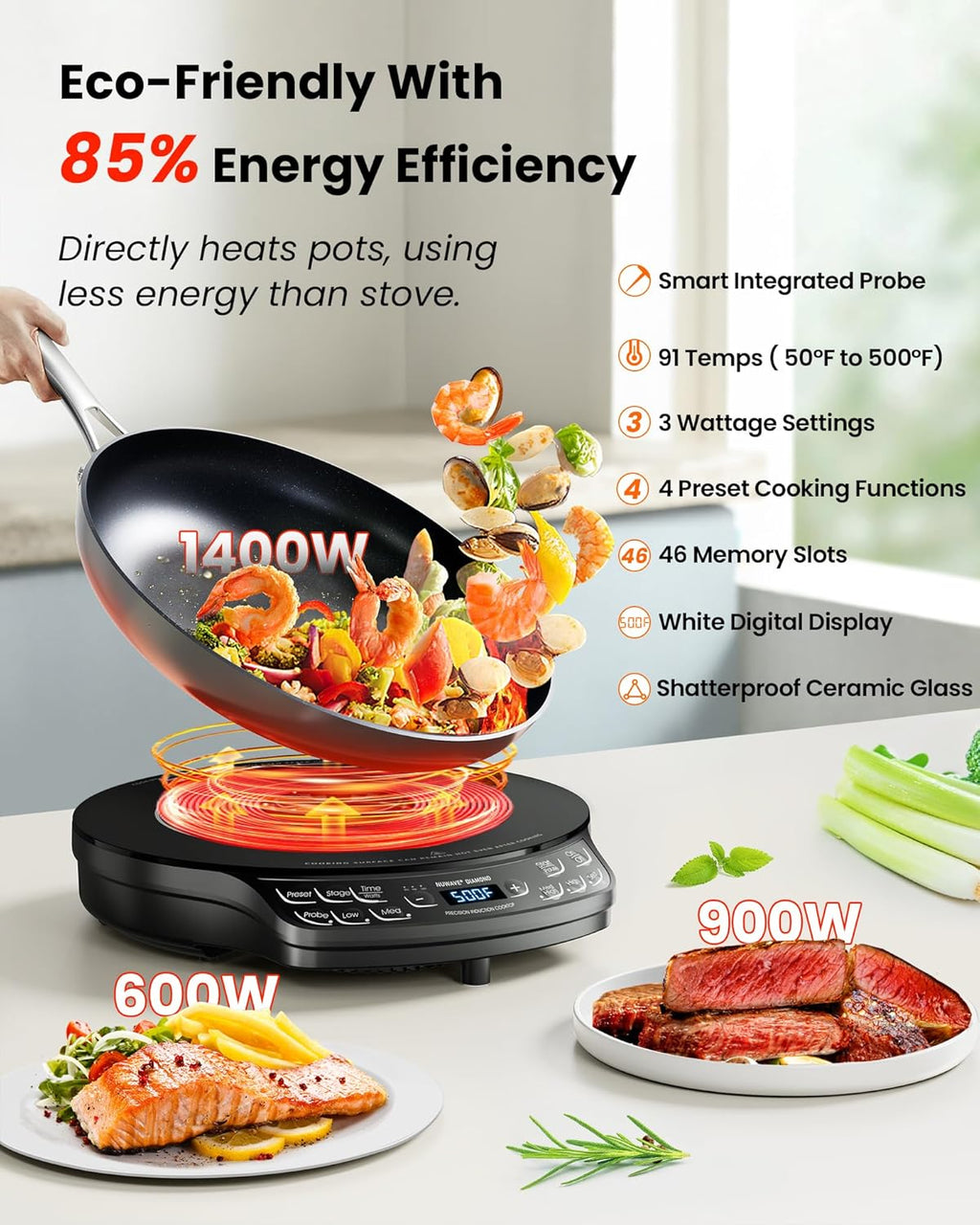 Nuwave Portable Induction Cooktop Diamond with Probe, Advanced Countertop Burner, 91 Temps from 100¡ãF to 500¡ãF, 12¡±Shatter-Proof Ceramic Glass & 6.5¡±Heating Coil, Ideal for RV Camp,Small Apt,Travel