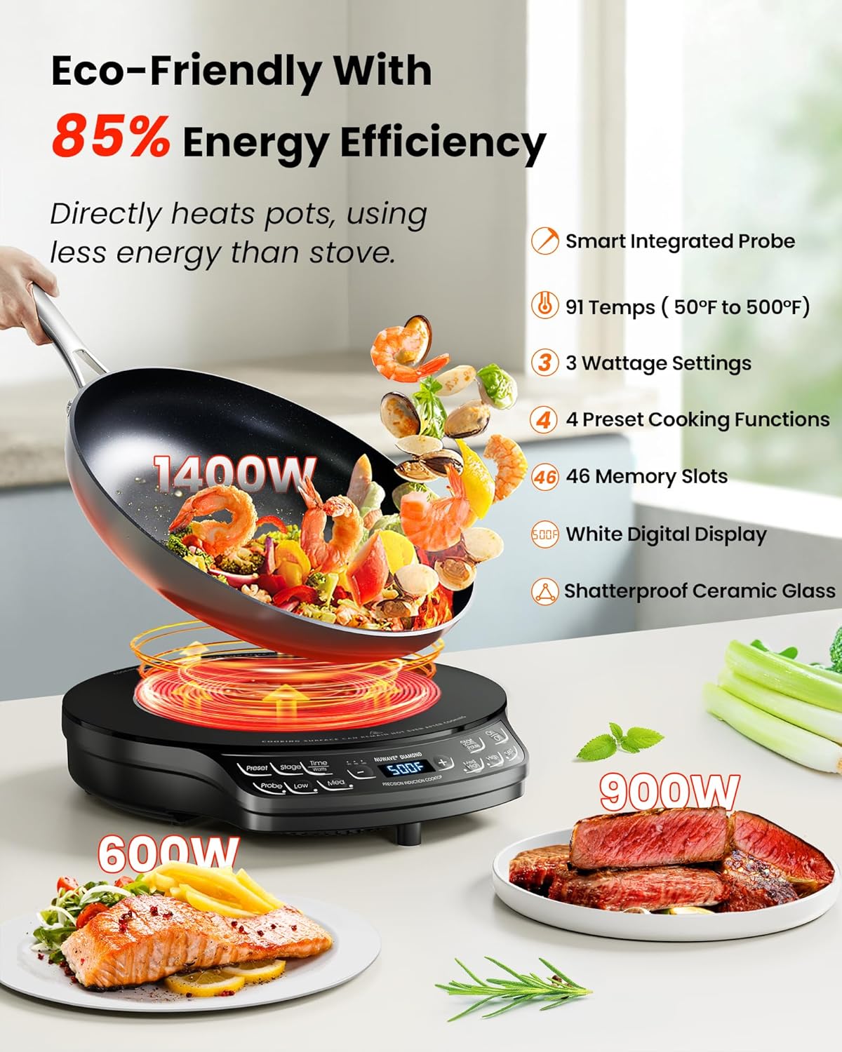 Nuwave Portable Induction Cooktop Diamond with Probe, Advanced Countertop Burner, 91 Temps from 100¡ãF to 500¡ãF, 12¡±Shatter-Proof Ceramic Glass & 6.5¡±Heating Coil, Ideal for RV Camp,Small Apt,Travel