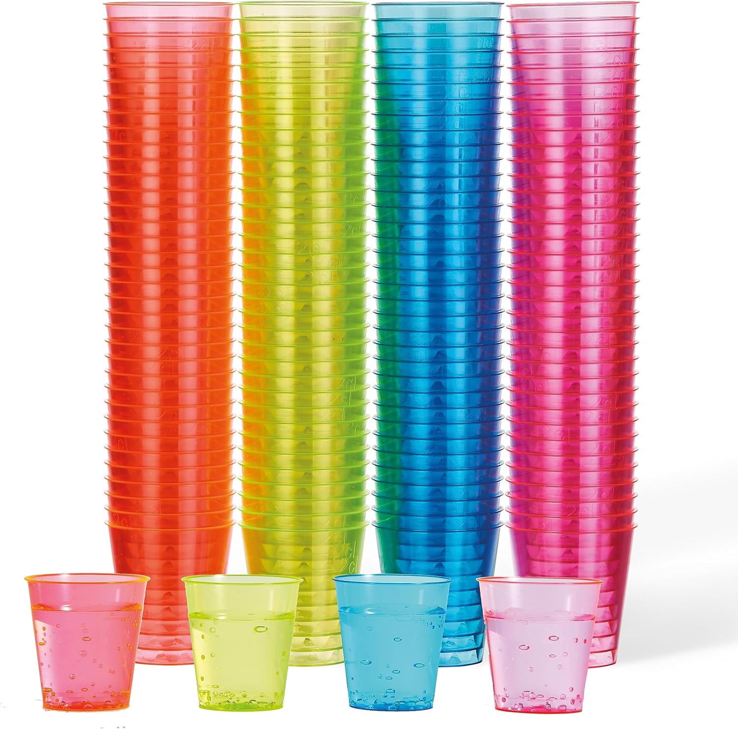 MATANA 150 Neon Plastic Shot Glasses (1oz), Party Shot Cups for Wine Tasting, Condiments, Sauce, Jello Shots & More - Sturdy & Reusable