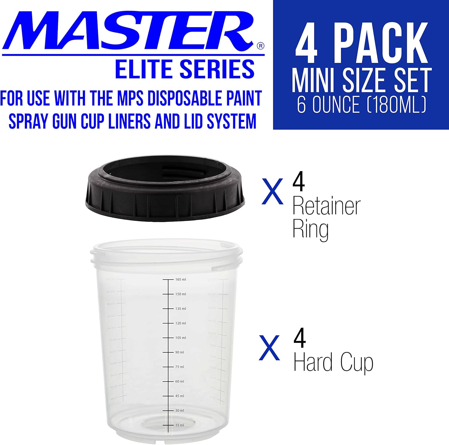 Master Paint System MPS, 4 Pack Set of Mini Size 6 Ounce (180ml) Hard Cups and Retainer Rings - 4 Hard Cups and 4 Rings for Use with The MPS Disposable Paint Spray Gun Cup Liners and Lid System