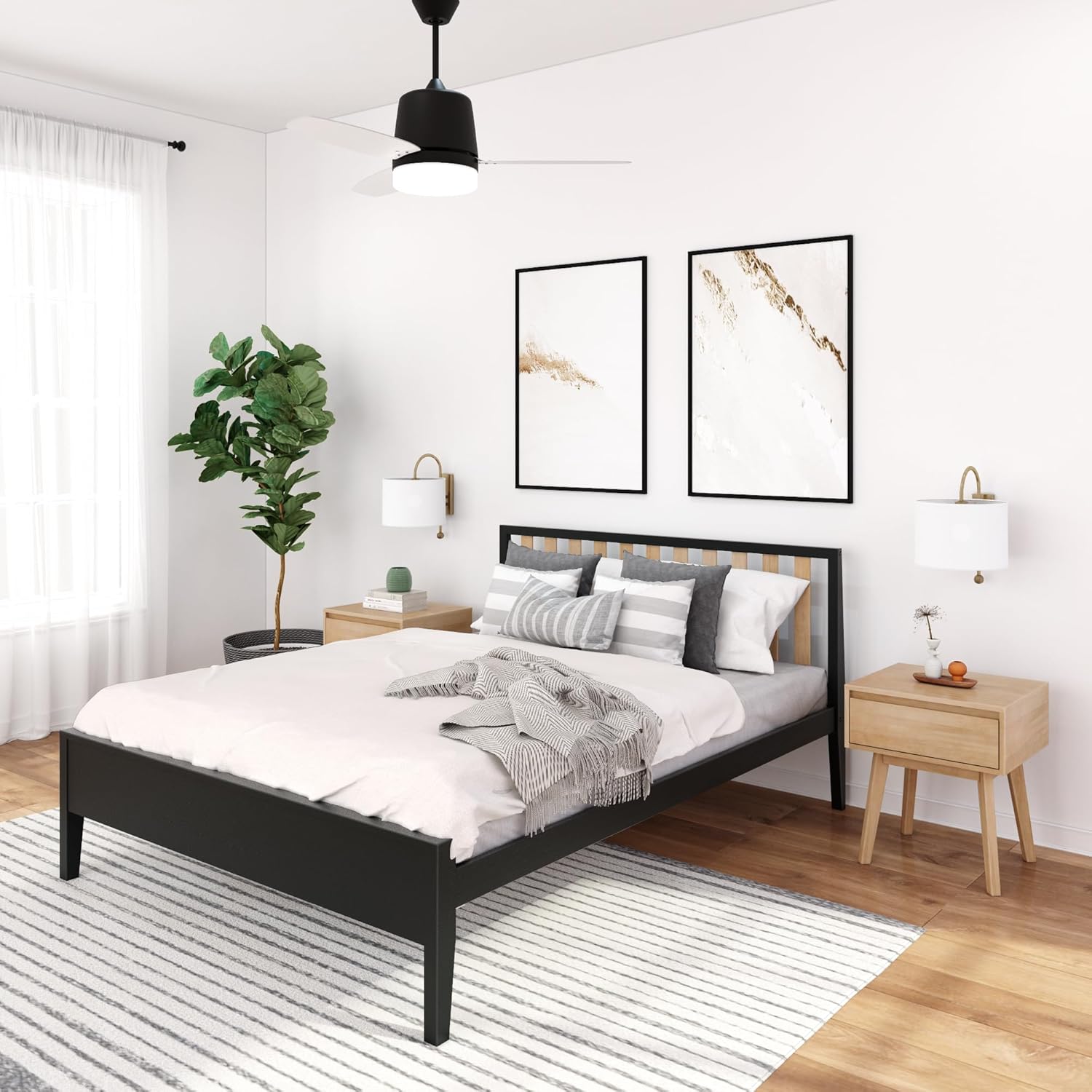 Plank+Beam Modern Solid Wood Queen Bed Frame with Slatted Headboard, Scandinavian Platform Bed with Wood Slat Support, Easy to Assemble, Black/Blonde