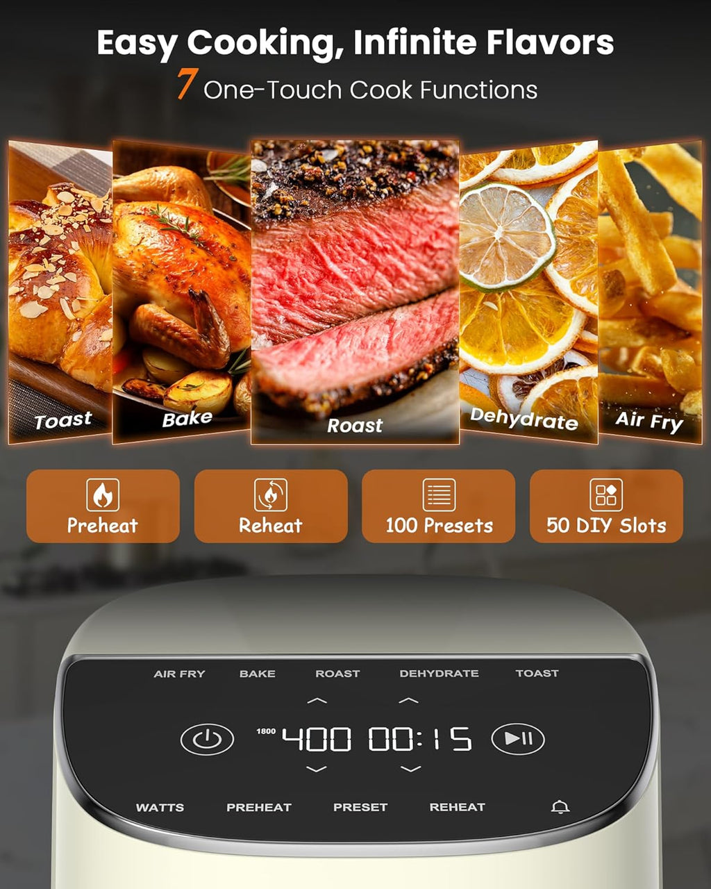 Nuwave Brio Plus Air Fryer 8 Qt, New & Improved, PFAS-FREE, 7 Digital One-Touch Cook Functions that AIR FRY, BAKE, ROAST, DEHYDRATE, TOAST, REHEAT, PREHEAT, 150 Presets, 50¡ãF~400¡ãF (Cream)