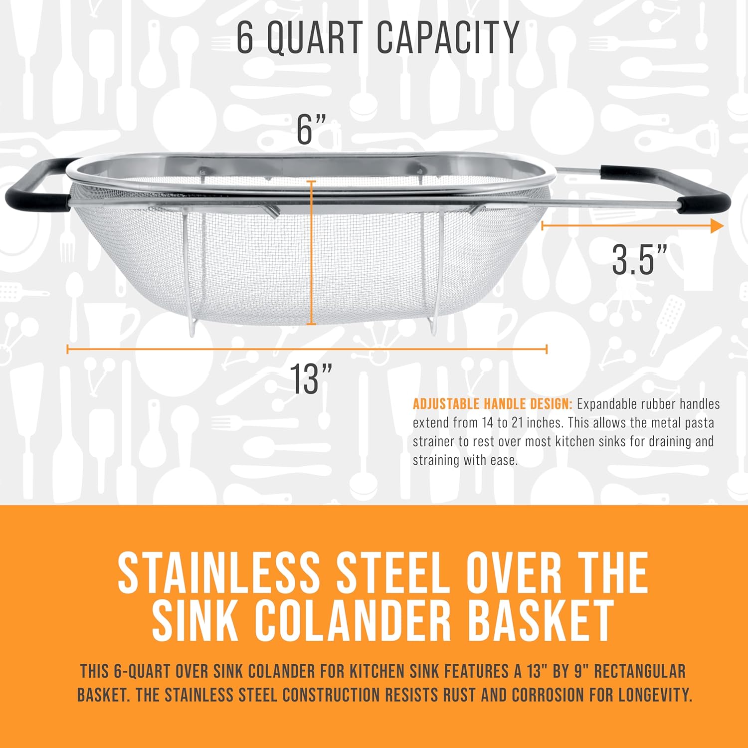 U.S Kitche Suppl Stainles Stee Colande Straine 6-Quar Collapsibl Colande wit Expandabl Rubbe Handle Rectangula Sieve Fin Mes Stainles Stee Strainer an Colander fo Kitchen
