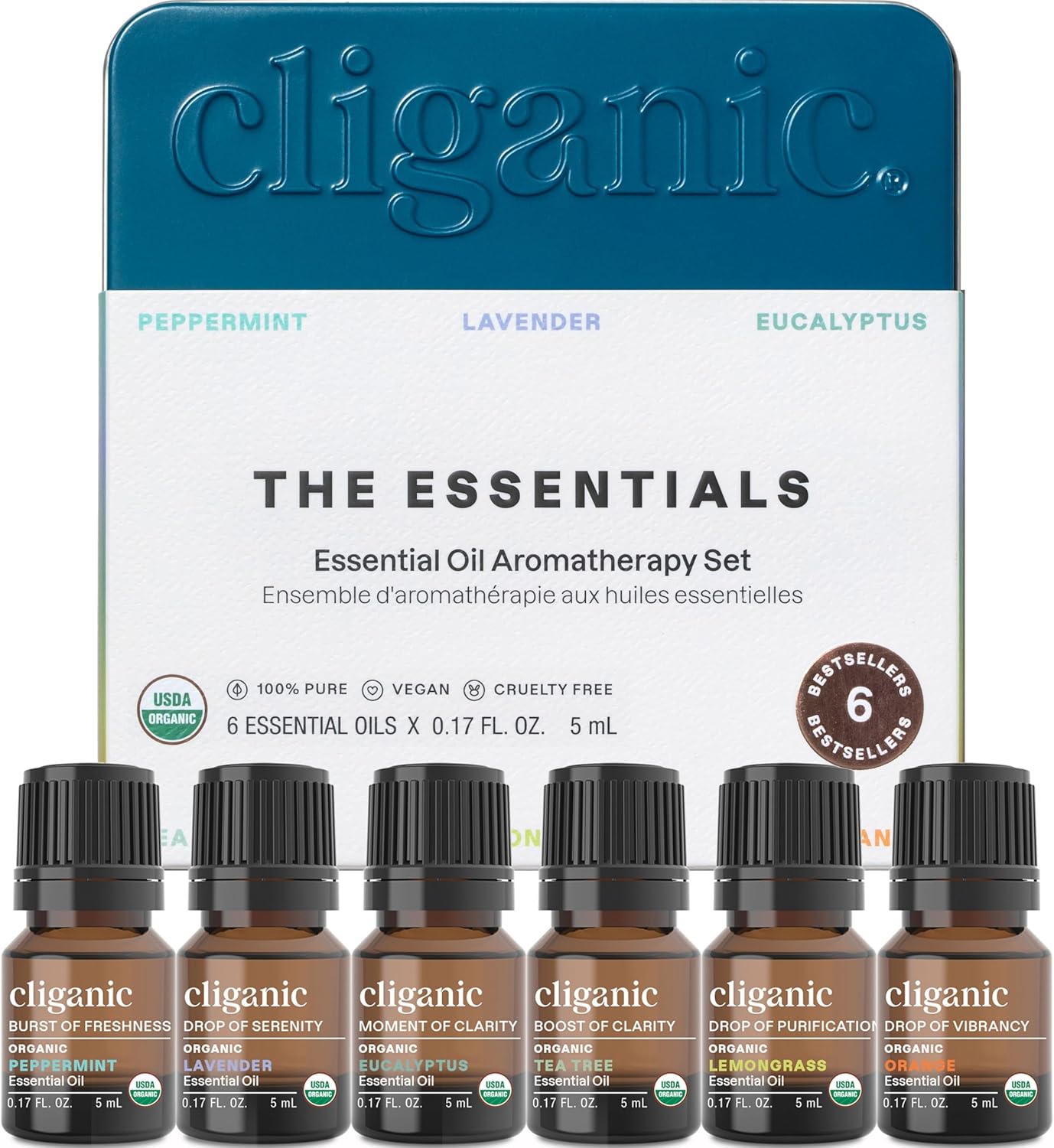 Cligani Organi Aromatherap Essentia Oil Se (To  Th Essentials) 100 Pur Natura Peppermint Lavender Eucalyptus Te Tree Lemongras Orang (Packagin Ma Vary)
