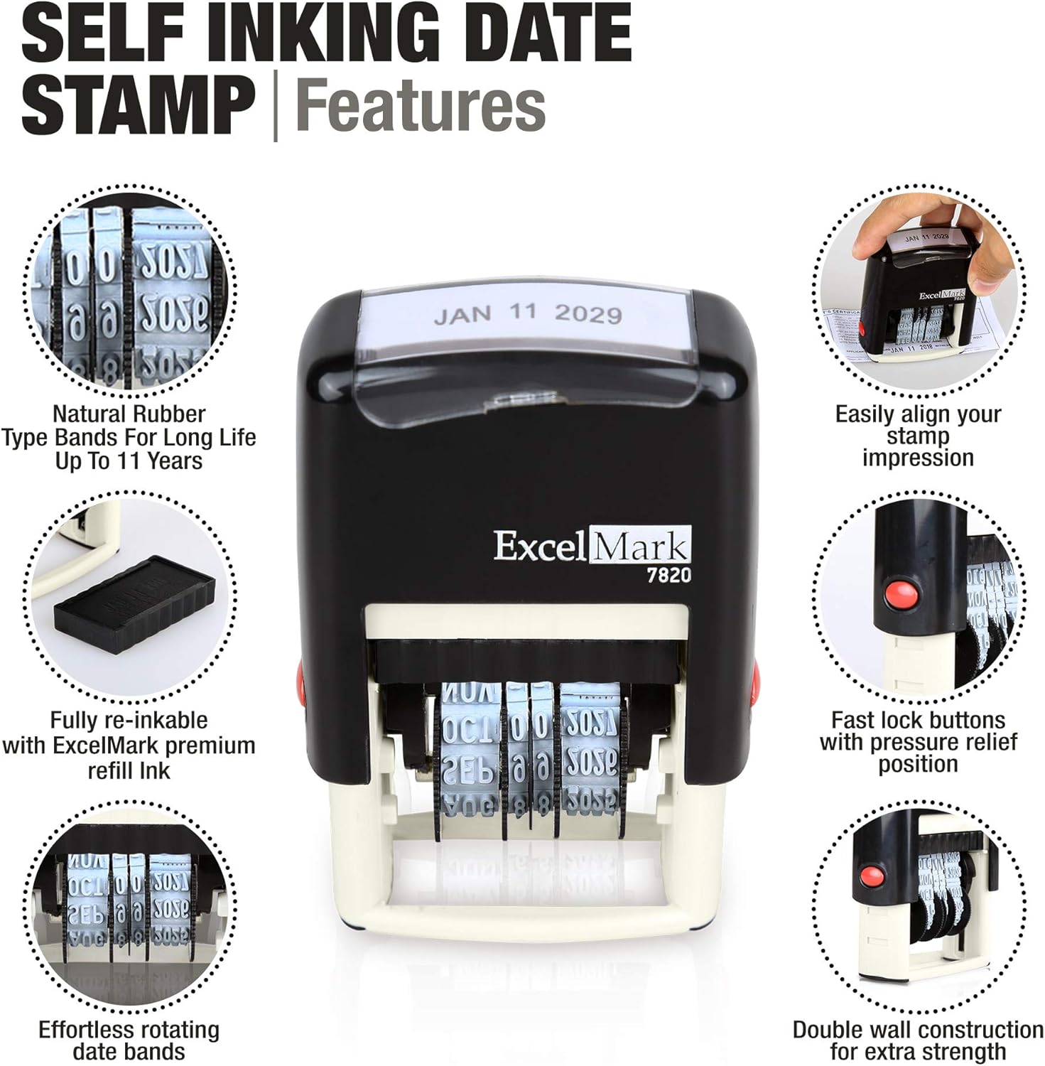 ExcelMark 7820 Self-Inking Rubber Date Stamp ¨C Great for Shipping, Receiving, Expiration and Due Dates (Red Ink)
