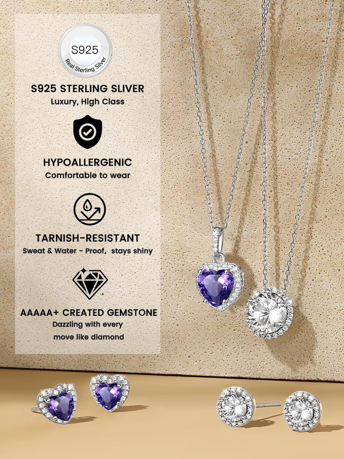 Bestyle Sparkling 925 Sterling Silver Birthstone Stud Earrings for Women, Heart/Round/Teardrop/Square Solitaire Diamond Studs Earrings, Great Birthday/Christmas Gifts