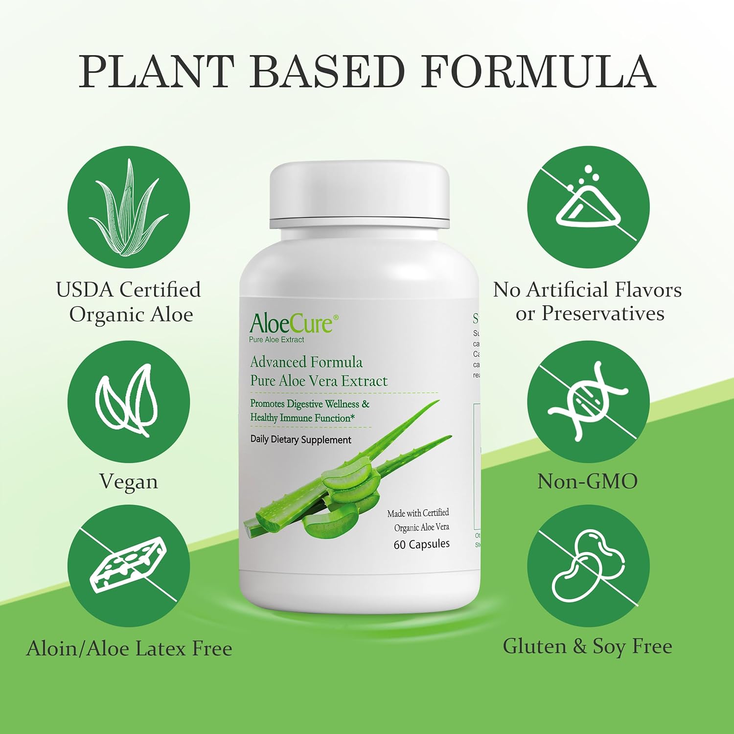 AloeCure Organic Aloe Vera Capsules, 160,000mg Inner Aloe Leaf Equivalent per Serving, Support Gut, Digestive, Immune Health, Helps Maintain Balanced Stomach Acidity, Aloin Free, 60Caps x 3Btl