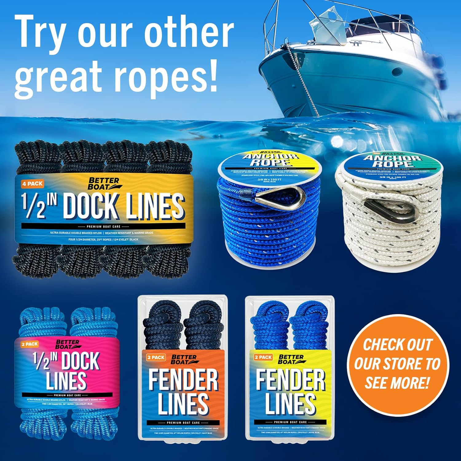 Boat Dock Lines, 1/2 Inch Braided Nylon Rope, 25 ft Mooring Marine Docking Lines with Loop, Royal Blue, 2 Pack