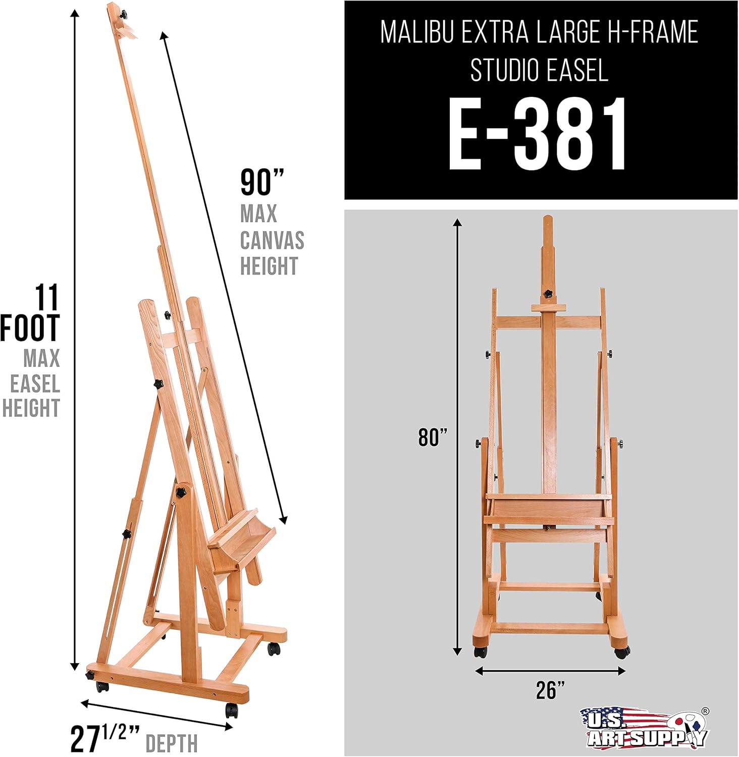 U.S Ar Suppl Heav Dut Extr Larg Adjustabl Woo H-Fram Ease Sturd Woode Stand Lockin Caste Wheel Studi Artis Ease fo Painting Canva Holde Display Sturd Beechwood