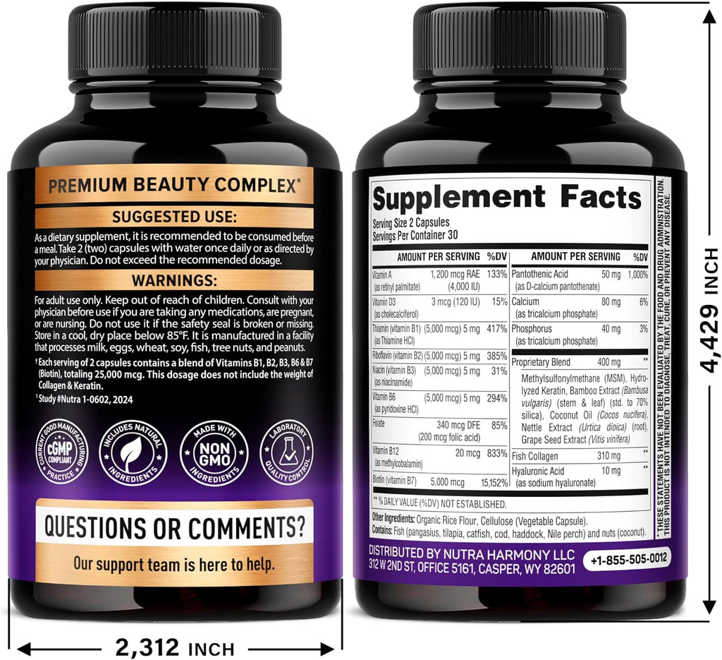 Bioti Collage Hyaluroni Aci Kerati Clinicall Teste Supplement* Hai Growt Support Ski Nail 25000mc Vitamin B1 B2 B3 B B fo Wome Me Mad i US 6 Capsules