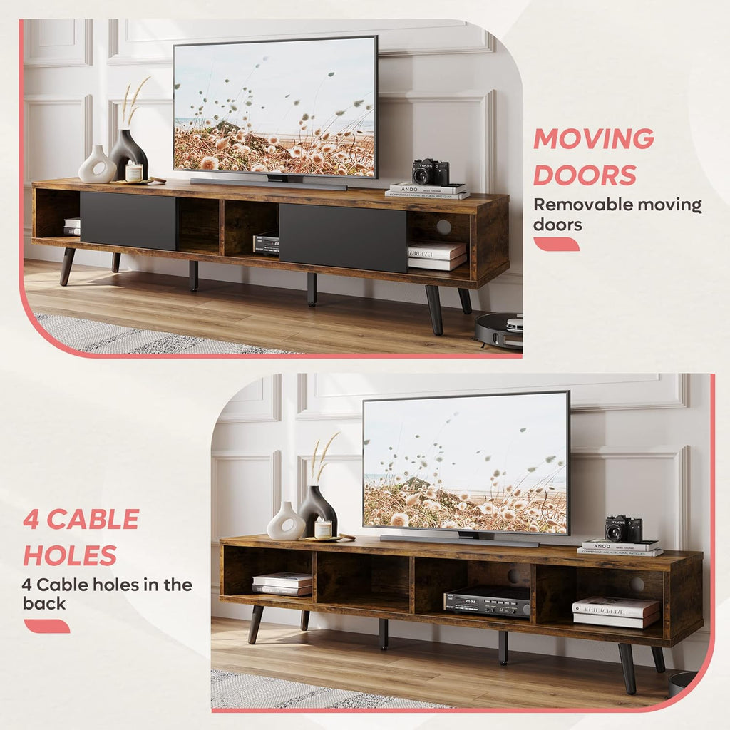 Bestier 70 inch Mid Century Modern TV Stand for 75 inch TV, Low Profile TV Stand with Storage, Entertainment Center for Living Room, Cord Management, Rustic Black
