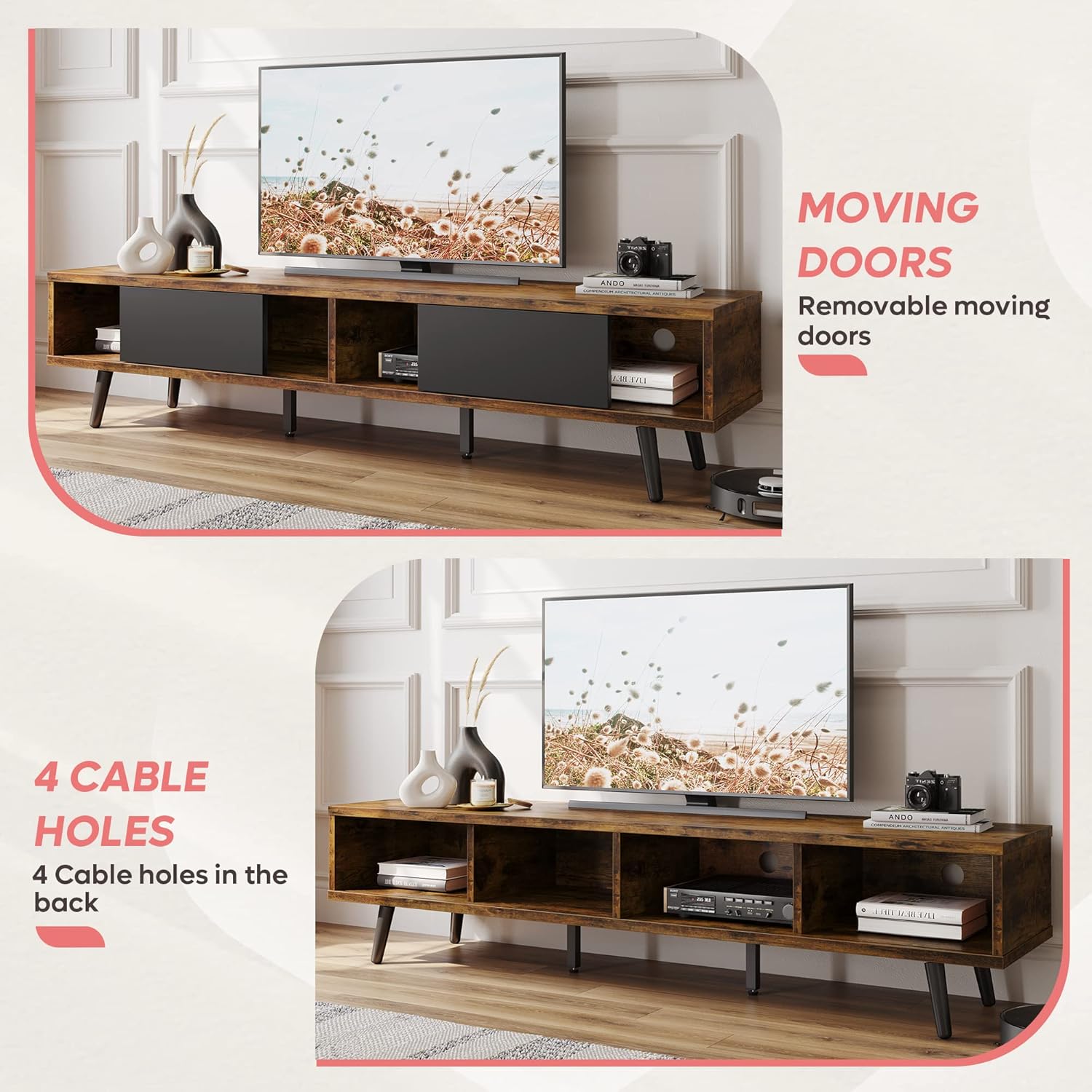 Bestier 70 inch Mid Century Modern TV Stand for 75 inch TV, Low Profile TV Stand with Storage, Entertainment Center for Living Room, Cord Management, Rustic Black