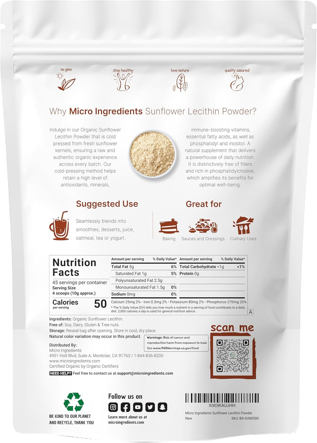 Micr Ingredient Organi Sunflowe Lecithi Powder Pound Sustainabl Farmed Col Pressed Ric i Phosphatidy Cholin an Protein Makin Liposoma Vitami C Lactatio Supplement Non-GMO
