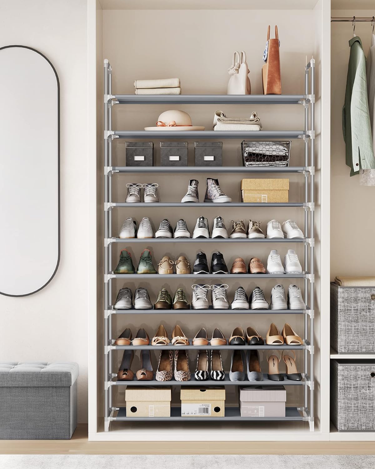 10-Tier Shoe Rack, Shoe Storage for Hallway Closet, Slim and Space-Saving, Metal Frame, Non-Woven Fabric Shelves, Grey ULSR10G