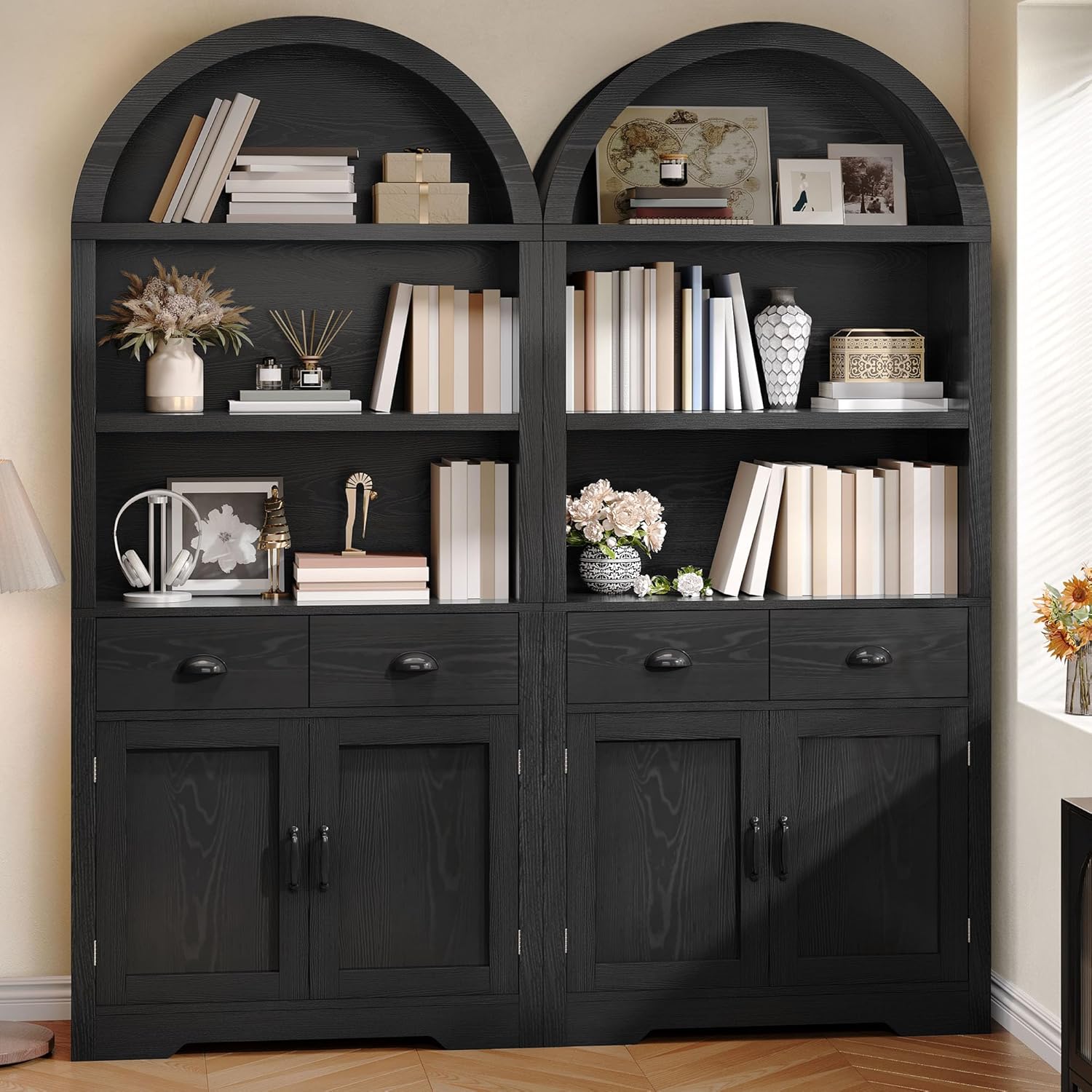 YITAHOM Arche Bookshel wit Storag Pack 71inc Tal Blac Arche Bookcas wit Drawer an Doors Arche Woode Bookshel Arc Storag Cabine fo Livin Room Bedroom Kitchen Black