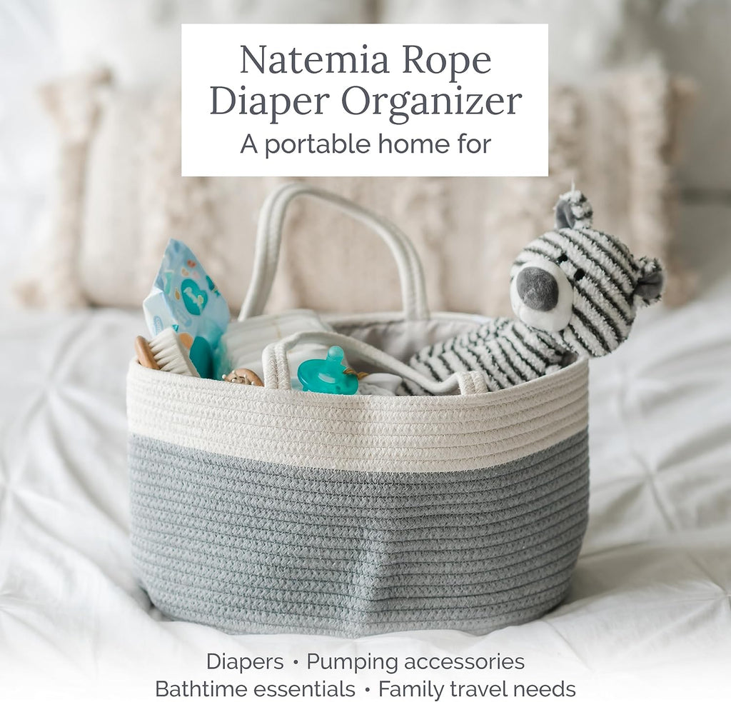 Natemia Baby Diaper Caddy Organizer - Baby Shower Basket for Gifts - Nursery Storage for Diapers, Wipes, Breast Pump - Portable Organizer and Gift Bag - Newborn Essentials
