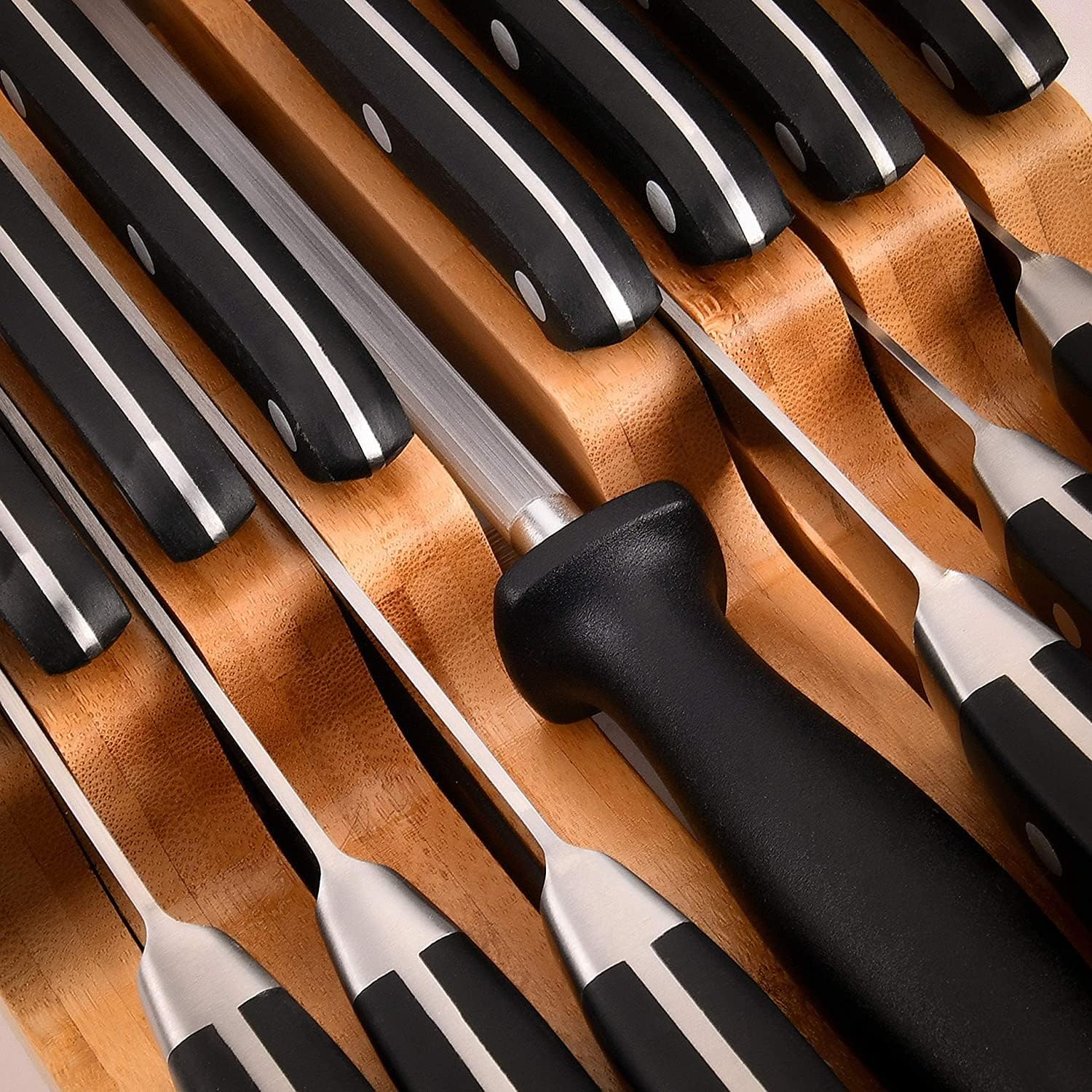 Homemai Livin I Drawe Knif Bloc Bamboo Hold 1 Knive Knif Sharpene Slot Knif Organize fo Kitche Drawer Knif Drawe Organizer Drawe Insert Drawe Knif Holde (2inc tall 17inc deep)