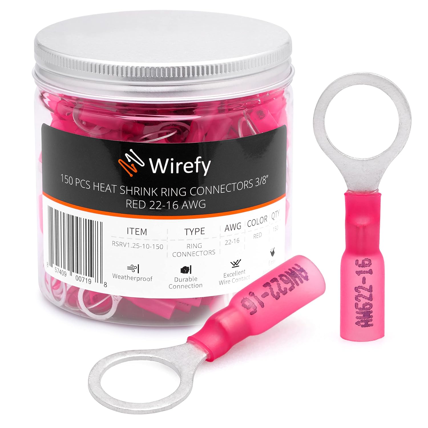 Wirefy 150 PCS Heat Shrink Ring Terminals 3/8inch - a Resistant Ring Connectors - Eyelet Wire Connectors - Red 22-16 AWG