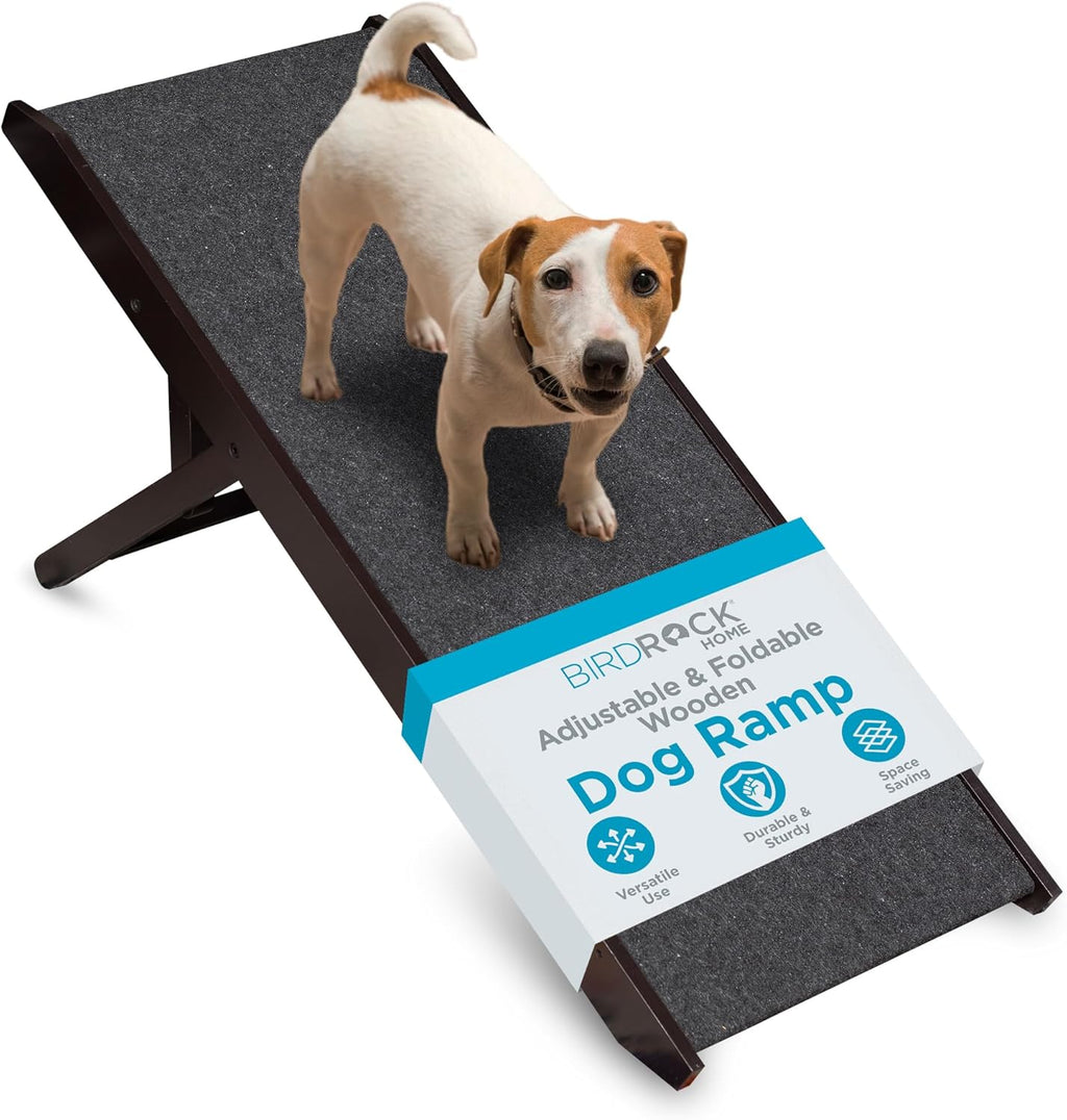 BIRDROCK HOME Adjustable Pet Ramp for Small Dogs, Cats, Puppies - Foldable Wooden Dog Ramp for Couch, Bed, Car - Indoor or Outdoor- Safe, Portable, Non-Slip Carpet - 13inch, White