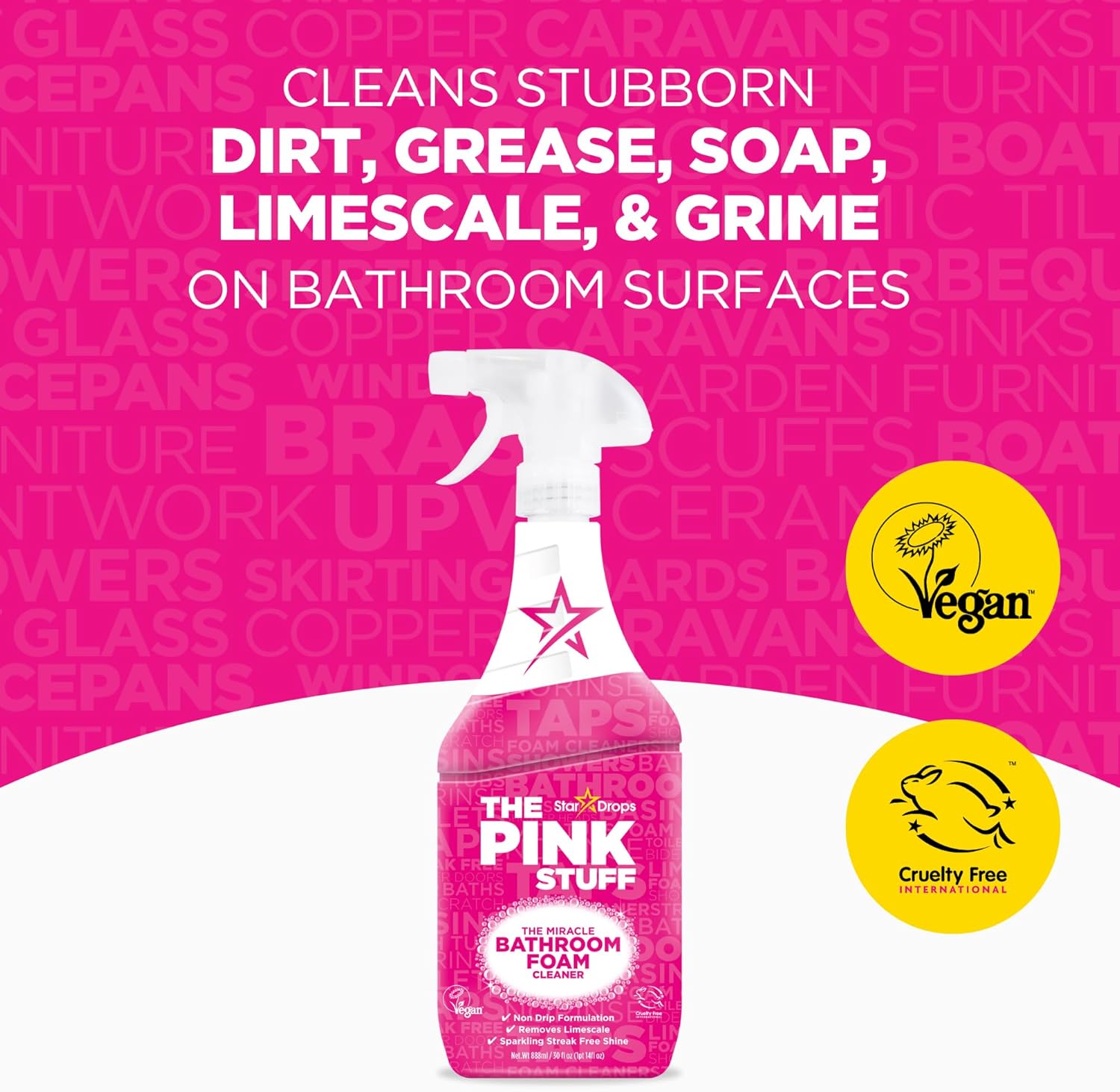 Stardrops - The Pink Stuff Miracle Bathroom Foam Cleaner, 30 fl oz ¨C Now 20% More! Powerful Foaming Action for Showers, Sinks, Tubs Tiles ¨C Removes Soap Scum, Limescale Grime with Ease