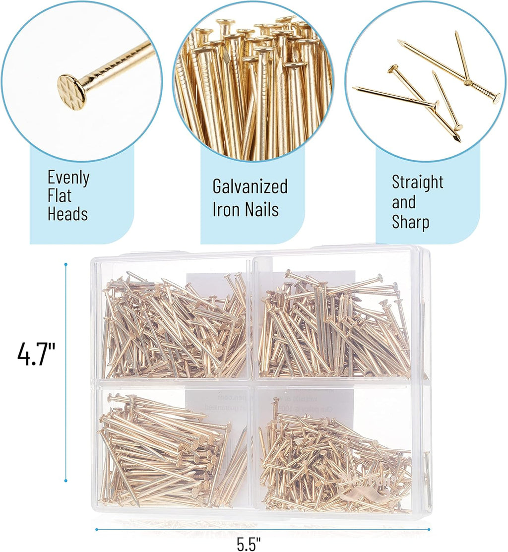 Nail Assortment Kit, 600 Pcs, 4 Sizes, Gold, Small Nails, Nails for Hanging Pictures, Finishing Nails, Wall Nails for Hanging, Pin Nails, Hardware Nails, Assorted Nails, Galvanized Nails