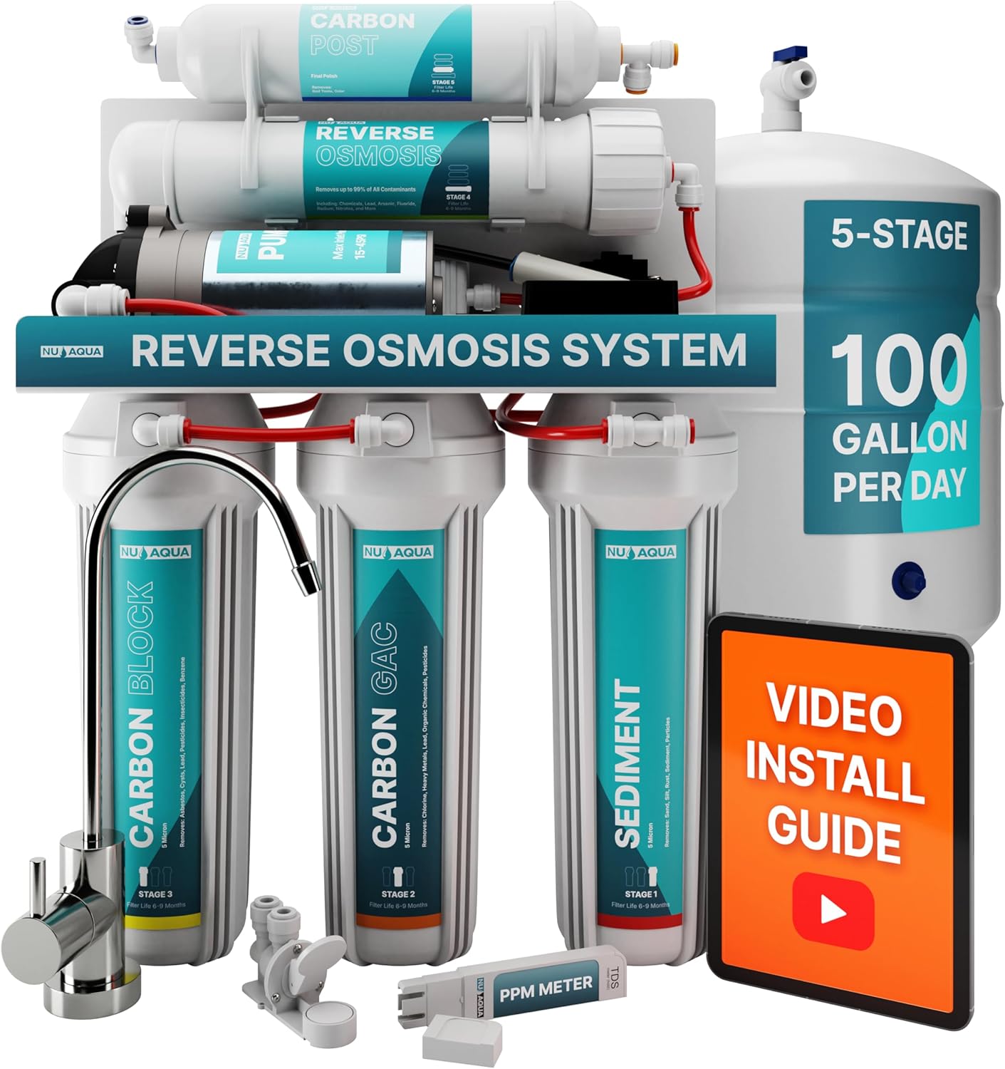 NU Aqua 5-Stage Under Sink Reverse Osmosis Water Filter System - Booster Pump - 100 GPD RO Filtration w/Faucet & Tank - PPM Meter - 100GPD Undersink - Home & Kitchen Drinking Water Purifier