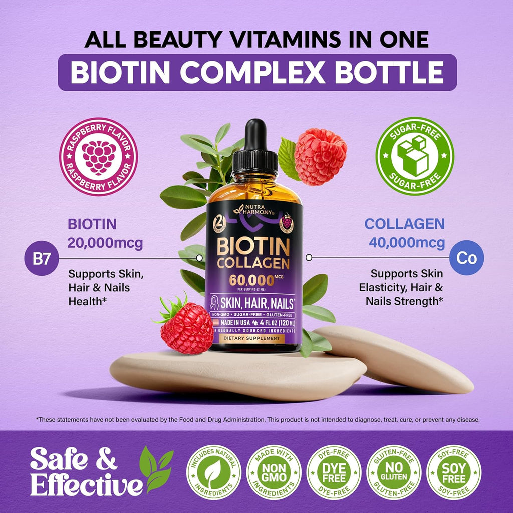 Liquid Biotin Collagen 60,000 mcg - Vitamins for Hair Growth Support - Extra Strength Drops for Women Men - Liquid Collagen Supplement - Strong Nails Healthy Skin - Made in USA - 4 Fl Oz