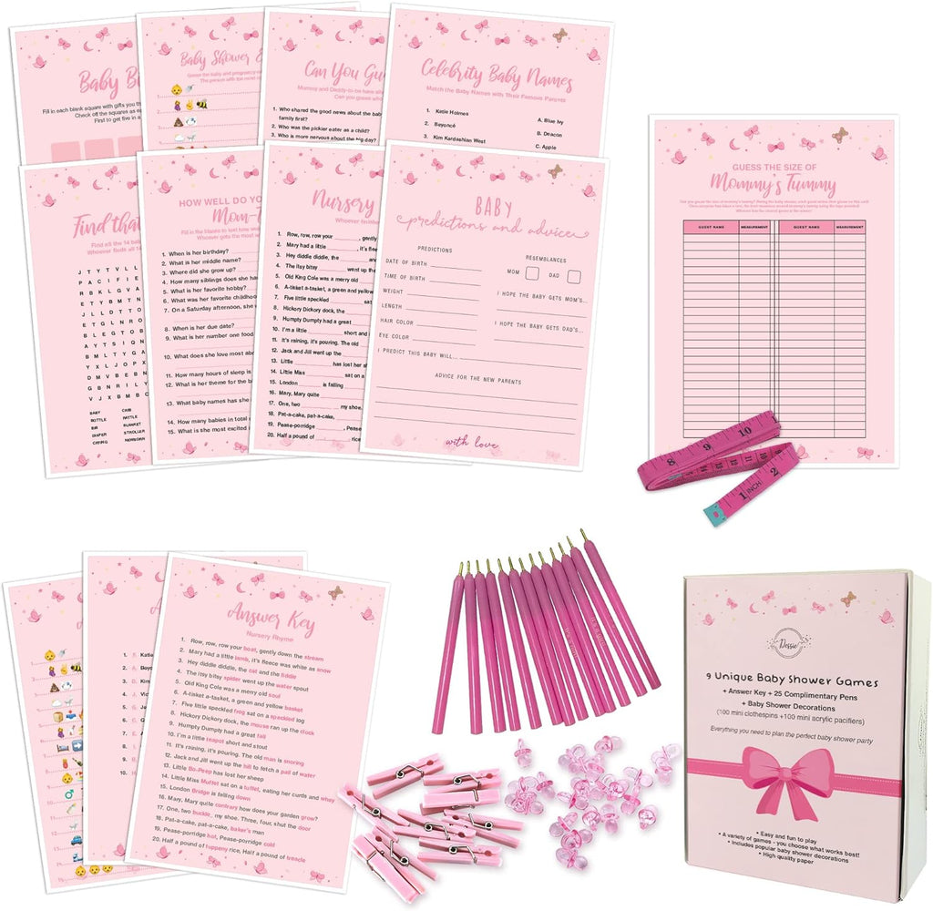 Dessi Bab Showe Game fo Girl Ultimat BabyShowe Se  Uniqu Gir Bab Showe Games 10 Min Clothespins 10 Min Acryli Pacifiers 2 Pens