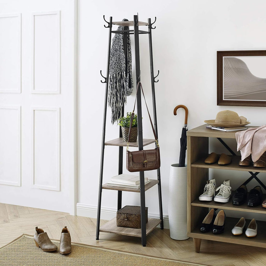VASAGLE Coat Rack, Coat Stand with 3 Shelves, Hall Tree Free Standing with Hooks for Scarves, Bags, Umbrellas, Steel Frame, Industrial Style, for Entryway, Living Room, Greige and Black ULCR080B02