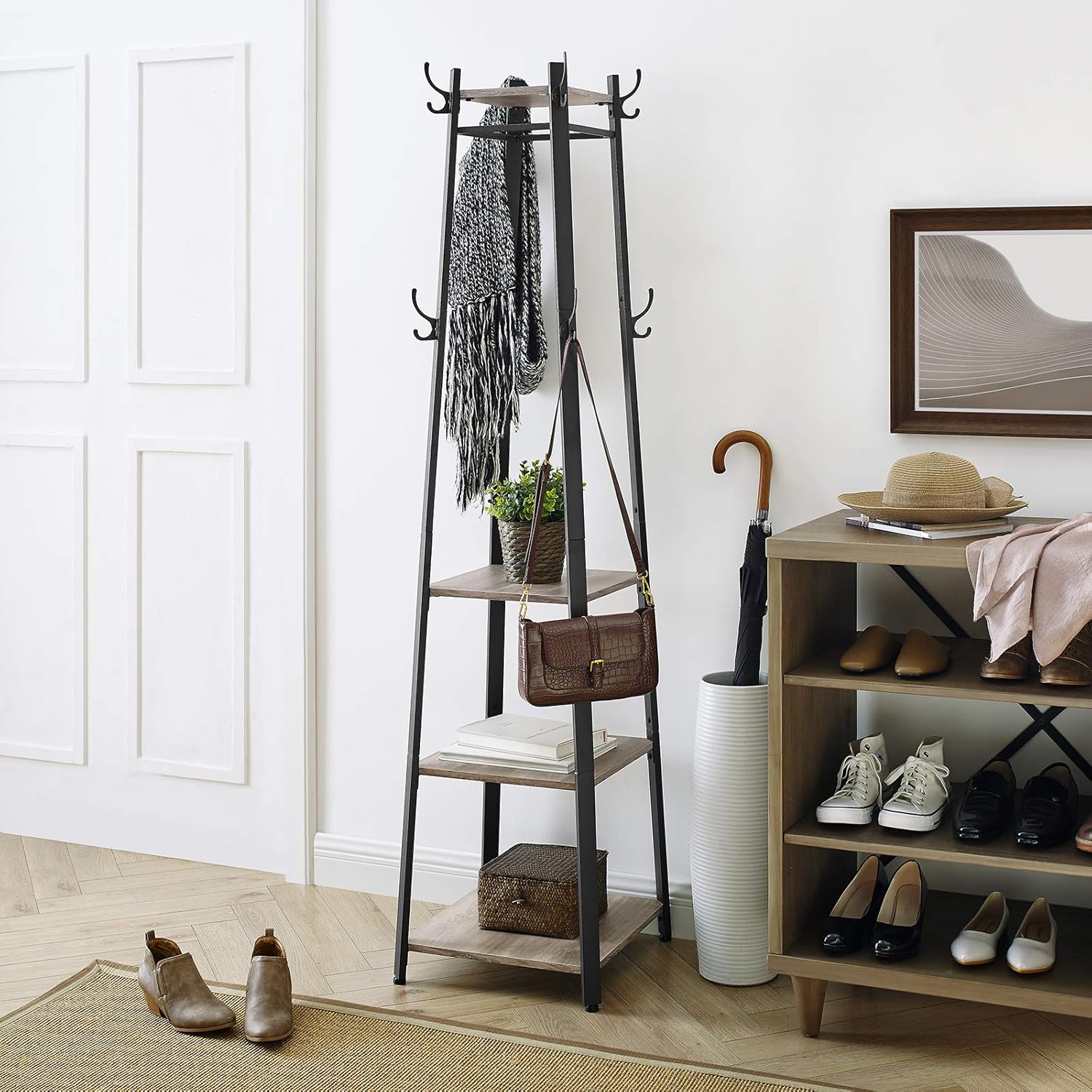 VASAGLE Coat Rack, Coat Stand with 3 Shelves, Hall Tree Free Standing with Hooks for Scarves, Bags, Umbrellas, Steel Frame, Industrial Style, for Entryway, Living Room, Greige and Black ULCR080B02