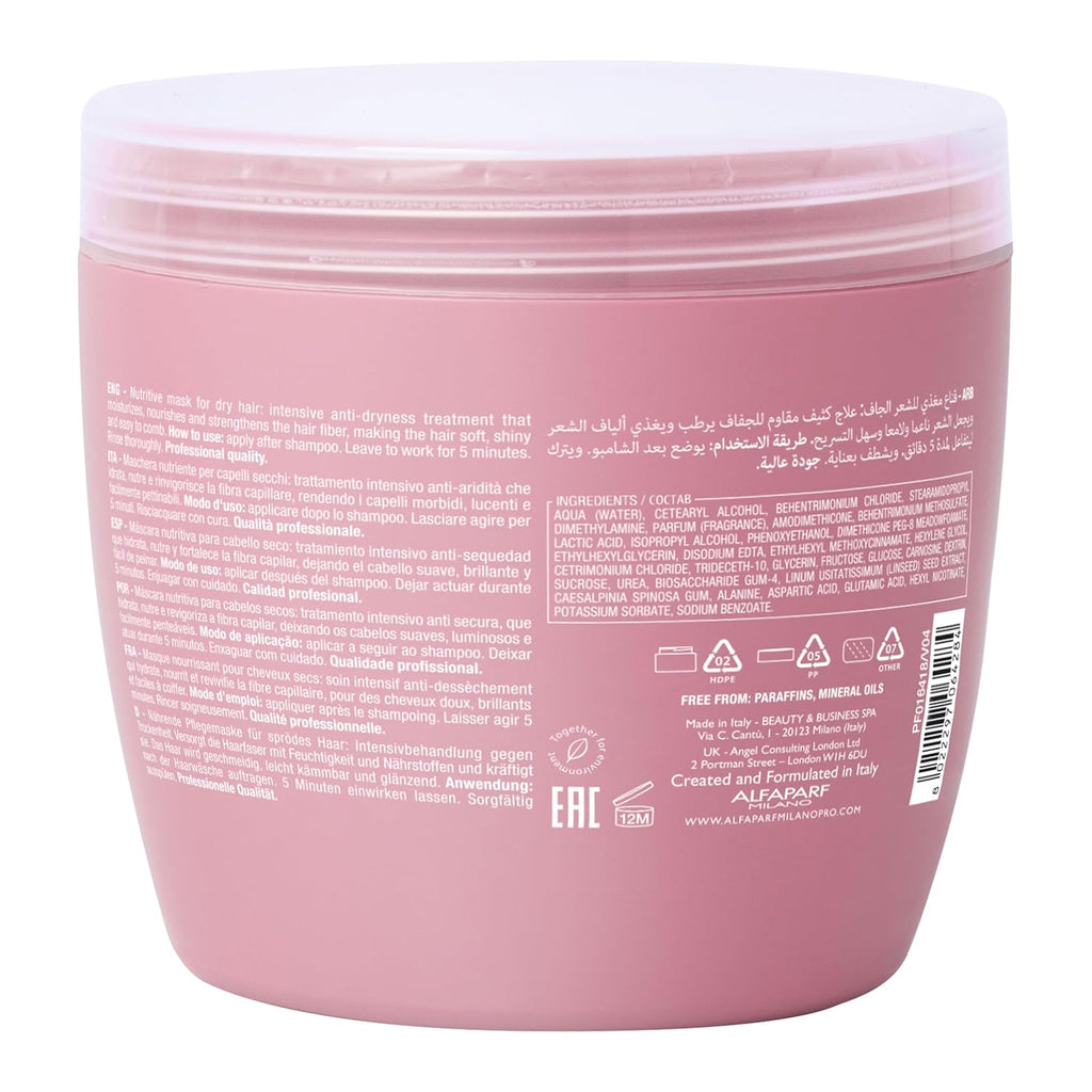 Alfaparf Milano Semi Di Lino Moisture Nutritive Mask for Dry Hair - Safe on Color Treated Hair - Sulfate, Paraben and Paraffin Free - Professional Salon Quality