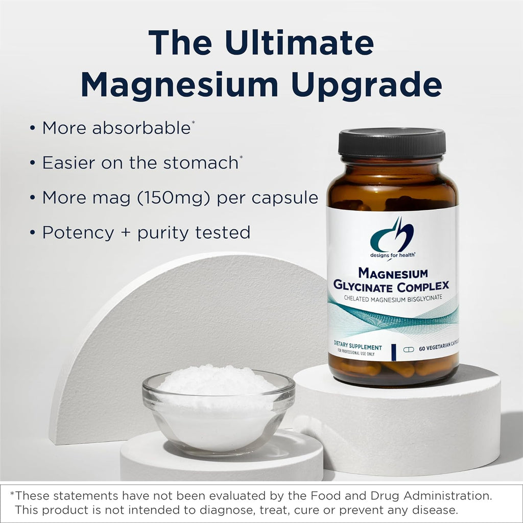 Designs for Health Magnesium Glycinate Complex - Chelated Magnesium Bisglycinate + High Absorption Magnesium for Calming Sleep, Heart Health, Immune Support Bone Strength - Vegan (120 Capsules)