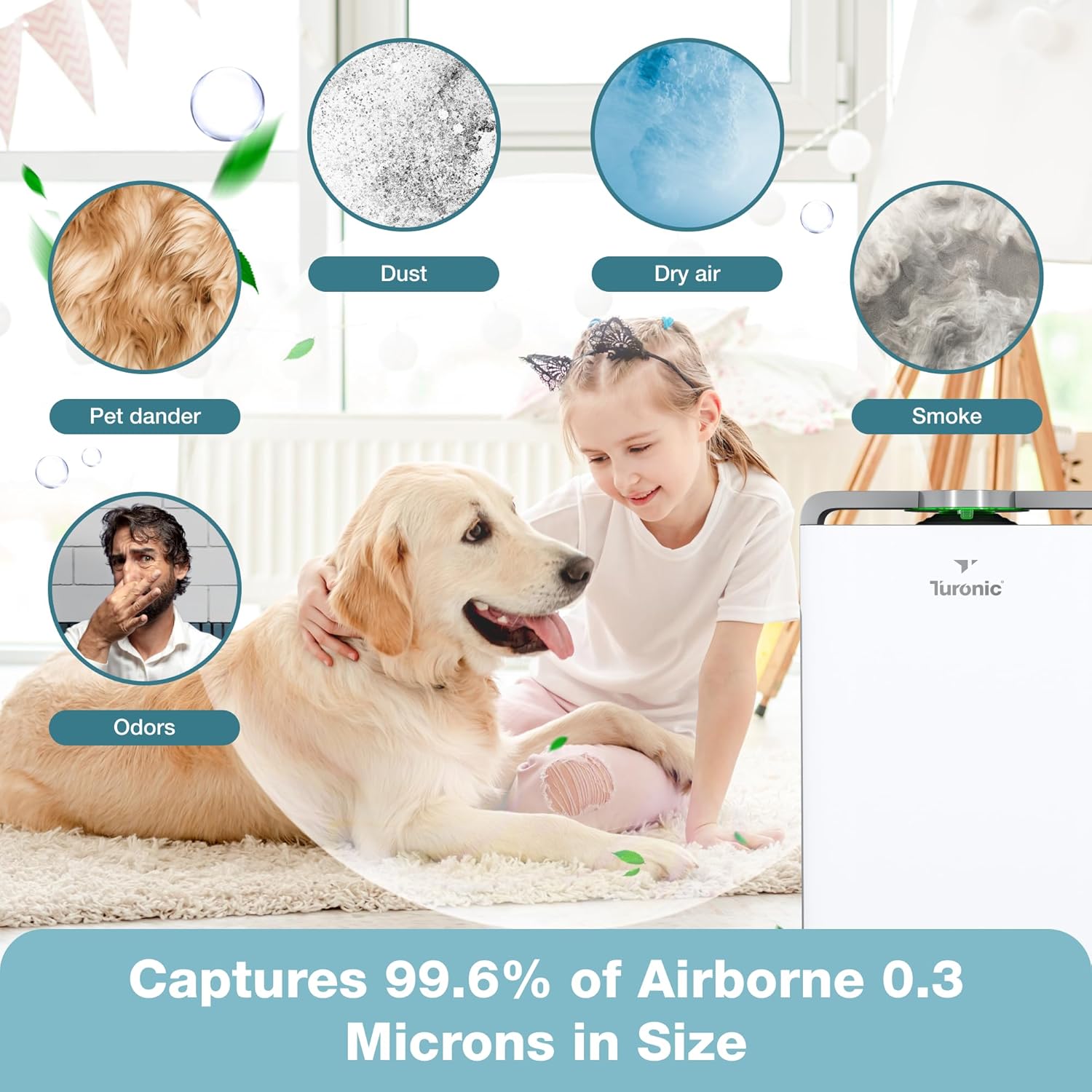 Turoni PH95 Ai Purifie an Humidifie Comb fo Larg Room HEPA UV Ionizer PM2. Sensor Col Catalys Ai Purifie fo Hom Pet wit Speeds Ap Control Remote Filters Humidifier