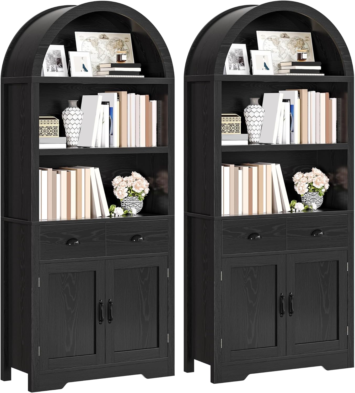 YITAHOM Arche Bookshel wit Storag Pack 71inc Tal Blac Arche Bookcas wit Drawer an Doors Arche Woode Bookshel Arc Storag Cabine fo Livin Room Bedroom Kitchen Black