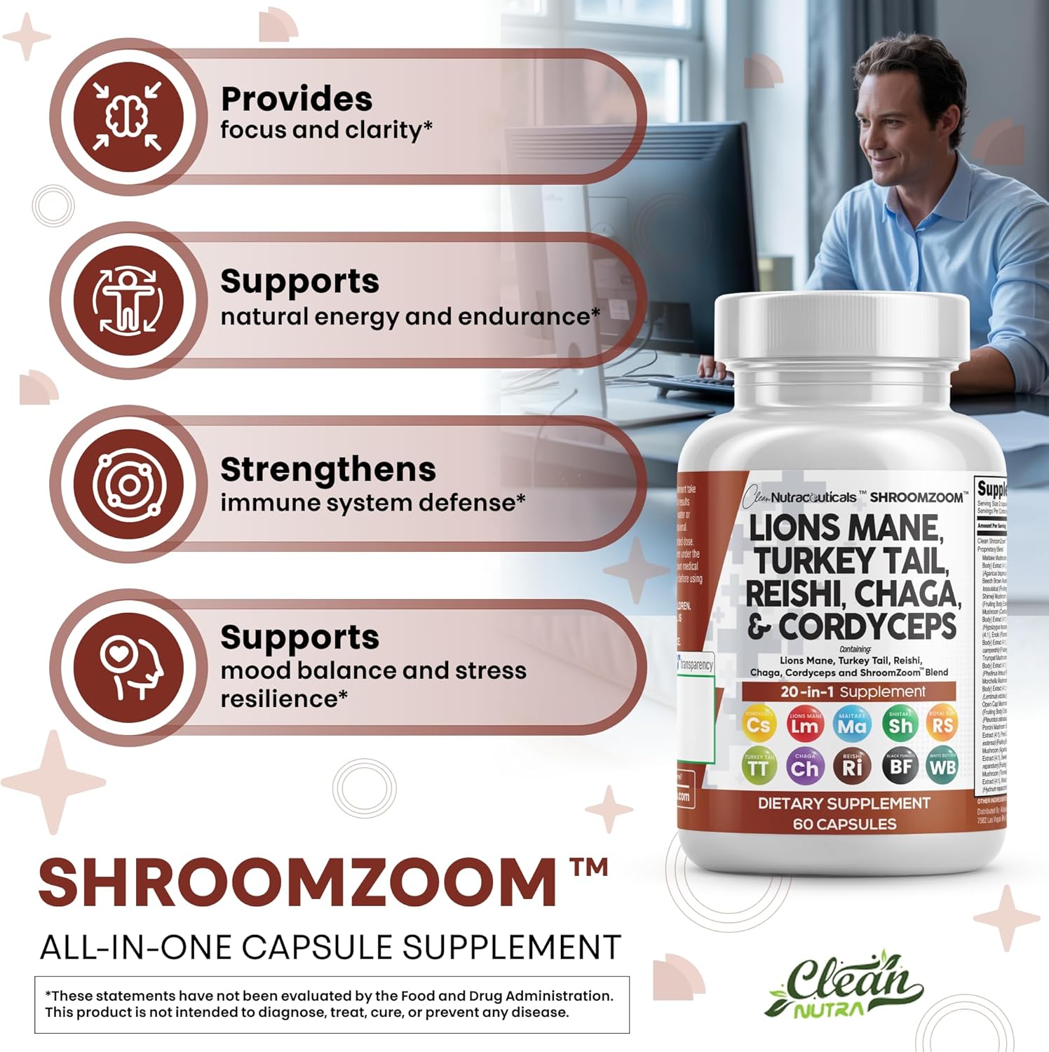 Clean Nutraceuticals Lions Mane 20in1 Mushroom Supplement with Turkey Tail Reishi Cordyceps Chaga Maitake Meshima Poria Cocos Shiitake Oyster Porcini Enoki - 1 Pack