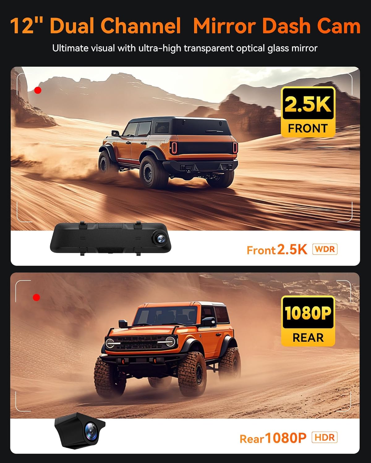 WOLFBO G840 12' Mirro Das Ca wit ADA an BSD 2.5 Rea Vie Mirro Camer Fron an Rear 5.8GH WiFi Voic Control Parkin Monitor Include 32G Car GPS Loo Recording