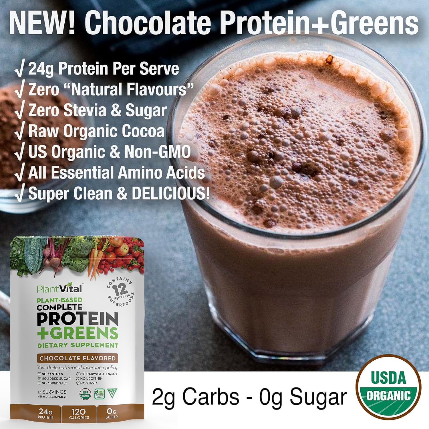 Plantvital Vegan Protein Powder Plant Based, Organic Protein Powder Chocolate 24g/0g Sugar, 12 Superfoods, Veggies, Probiotics, Raw Cocoa, Kale, Beets, Spirulina, Pea, Gluten-Free, Keto-Friendly,16oz