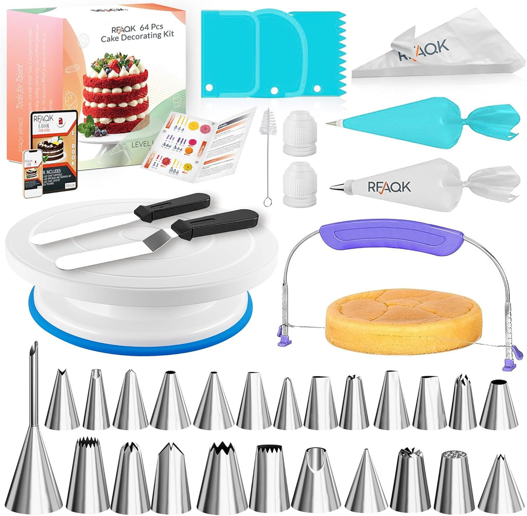64PC Cak Decoratin Ki wit Leveler Bakin Supplie Gif Include Cak Stan Turntable 2 Numbere Icin Tips 30+ Pipin Bags Frostin Spatulas Scrappers Vide Cours Booklet
