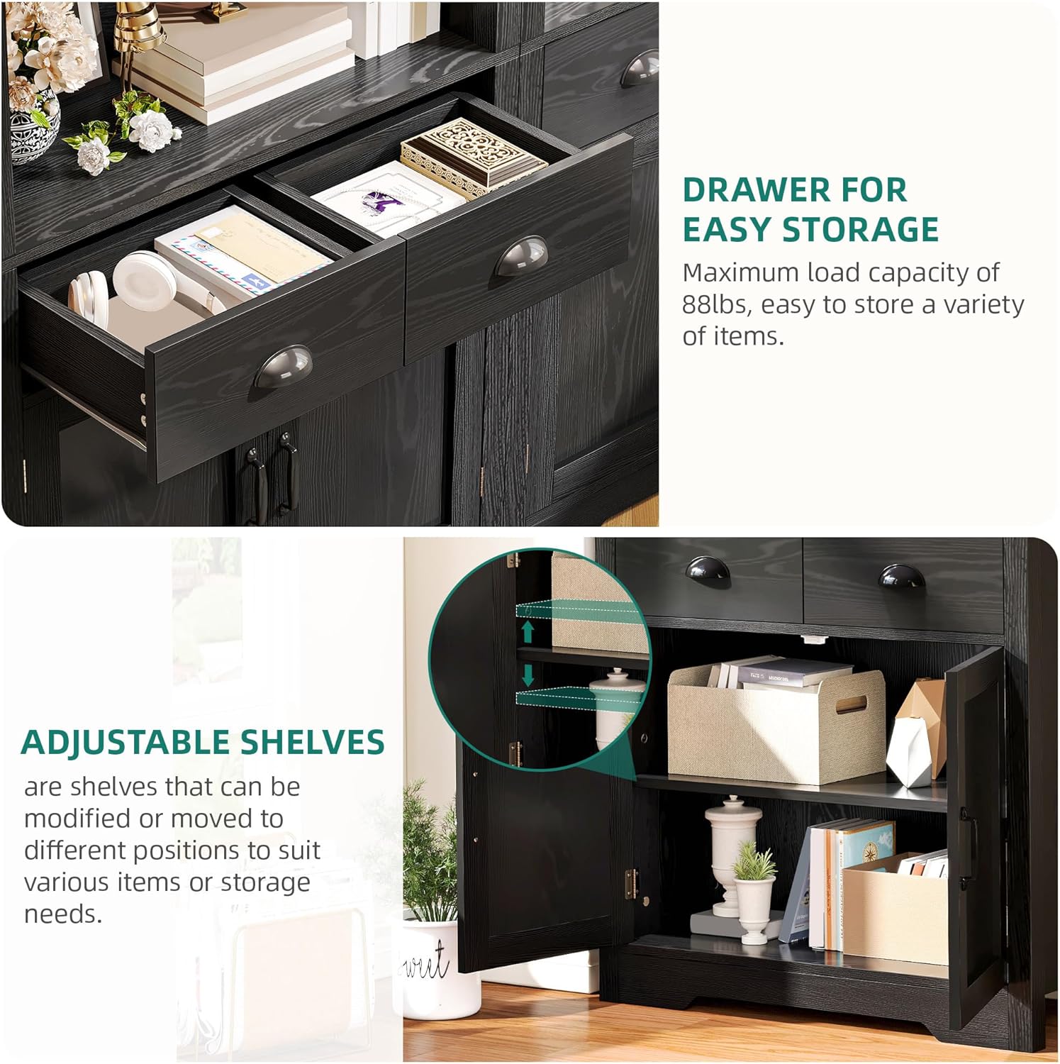 YITAHOM Arche Bookshel wit Storag Pack 71inc Tal Blac Arche Bookcas wit Drawer an Doors Arche Woode Bookshel Arc Storag Cabine fo Livin Room Bedroom Kitchen Black