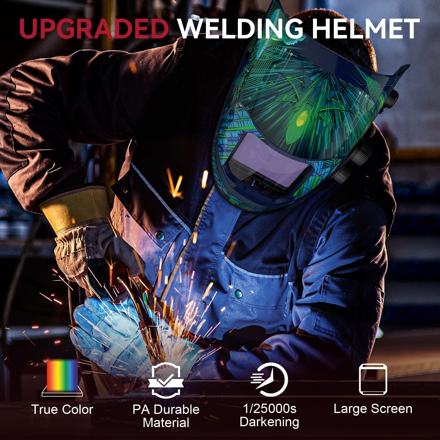 ARCCAPTAIN 3.94inchX3.66inch Large Viewing Screen Welding Helmet True Color Auto Darkening Welding Hood, Solar Powered 4 Arc Sensor, Wide Shade 4-5/5-9/9-13 for ARC TIG MIG Welding Mask(Cyber City Design)