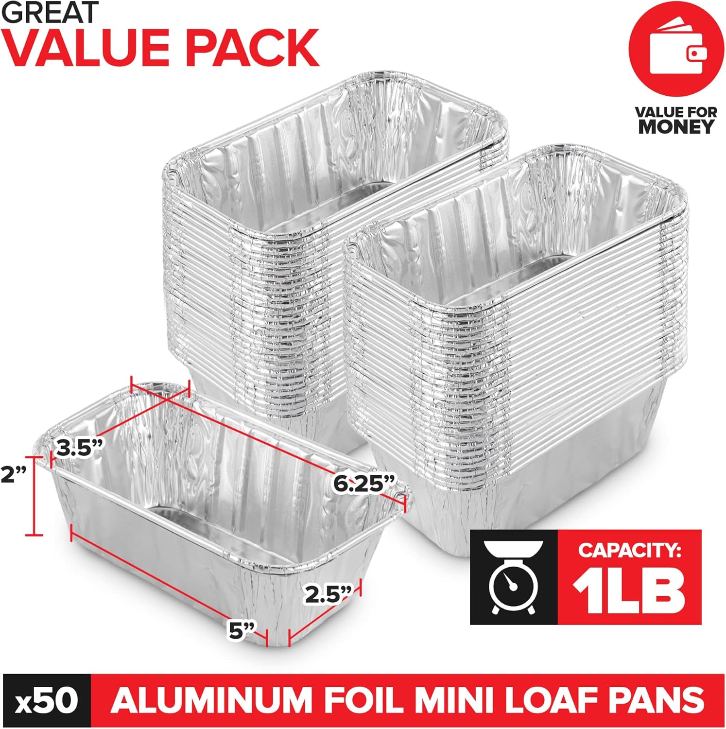 Stock Your Home Aluminum Pans Mini Loaf Pans (50 Pack) 1 Lb Aluminum Foil Tin Pans, Small Loaf Pans ¨C 1 Pound Disposable Baking Pans Perfect for Baking Cakes, Bread Loaves - 6 x 3.5 x 2