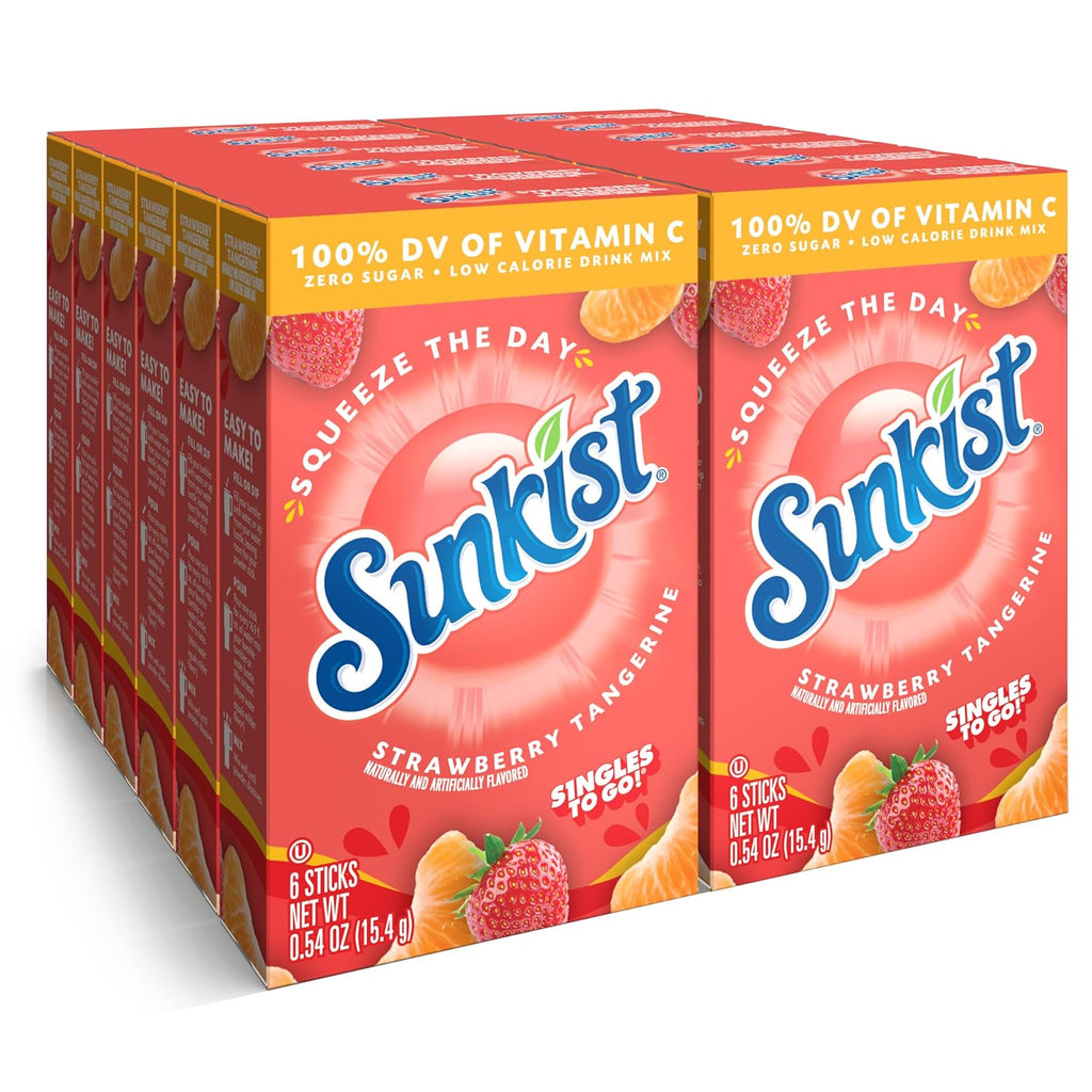 Sunkist Singles to go Drink Mix Packets, Strawberry Tangerine, 6-Count Box ¨C Powdered Drink Packets with Vitamin C, 72 Total Powder Sticks