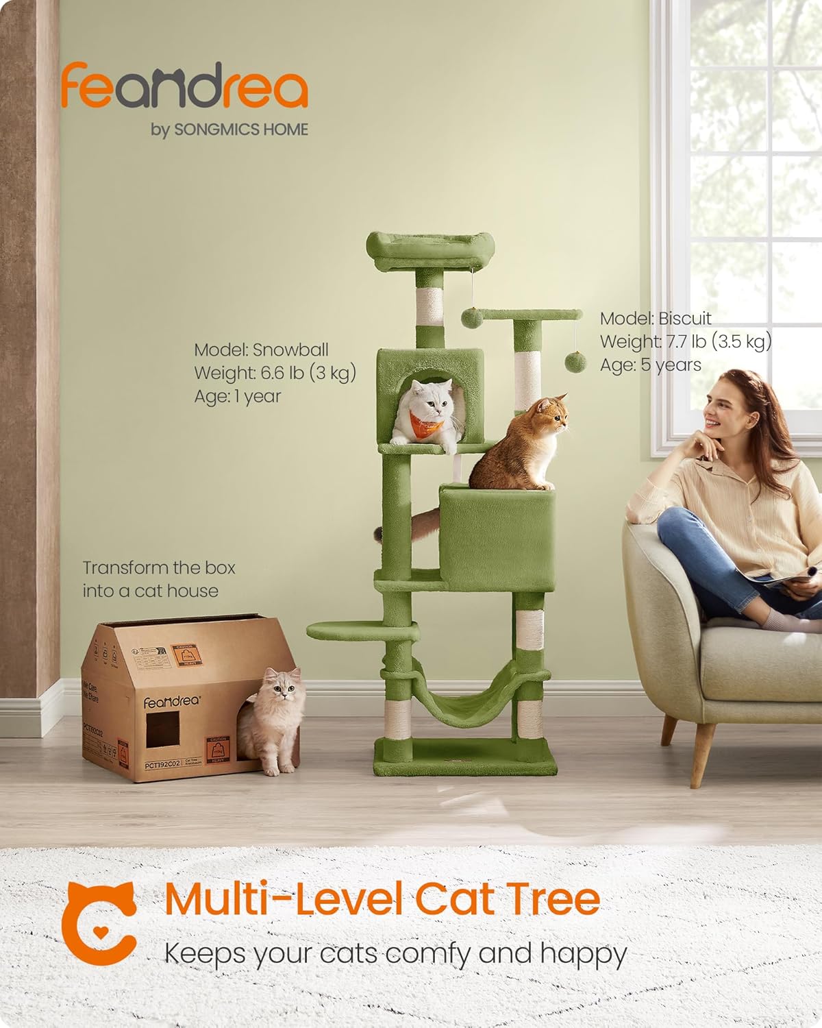 Cat Tree, 61-Inch Cat Tower for Indoor Cats, Plush Multi-Level Cat Condo with 5 Scratching Posts, 2 Perches, 2 Caves, Hammock, 2 Pompoms, Grass Green UPCT192C02