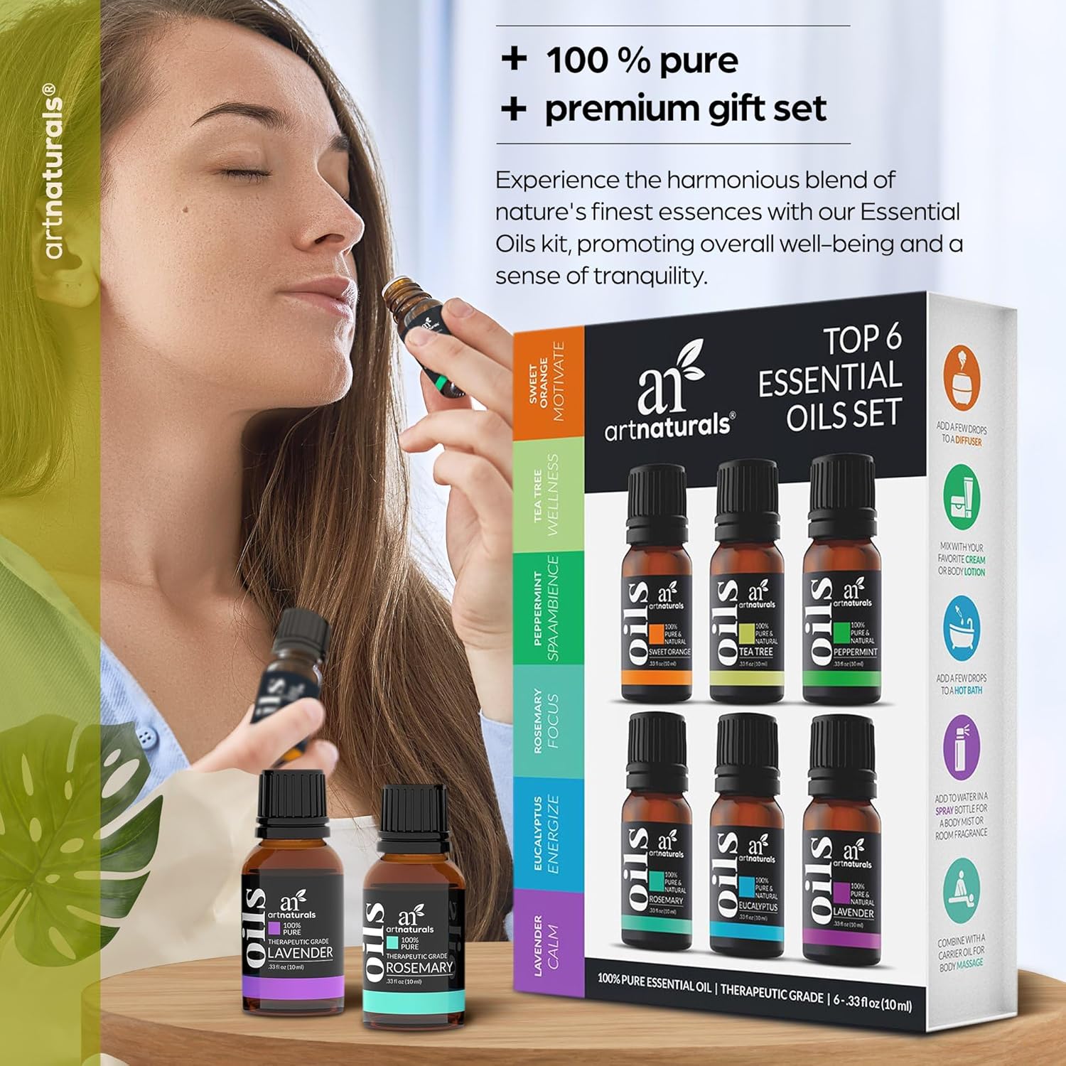 ArtNatural Aromatherap Top- Essentia Oi Se ( 10m Bottles 100 Pur o Th Highes Therapeuti Grad Premiu Gif Se Lavender Peppermint Te Tree Eucalyptus
