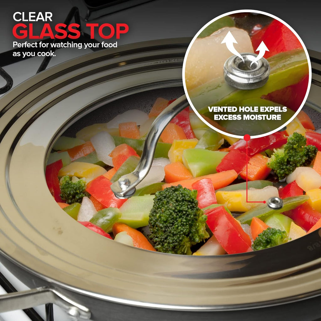 Modern Innovations Universal Lid with Tempered Glass Top for Pots Pans, Fits 8.25, 9, 10, 11, and 12 Inch Cookware - Large Replacement Frying Pan Cover, Cast Iron Skillet Lids - Stainless Steel