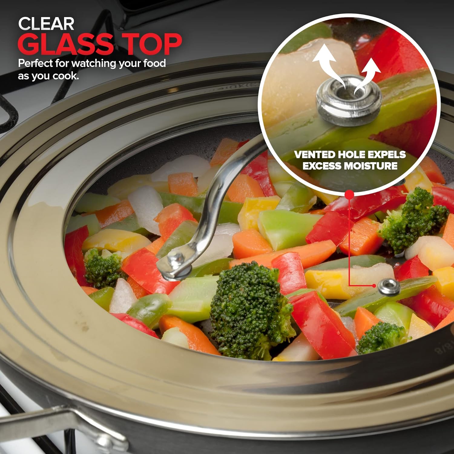 Modern Innovations Universal Lid with Tempered Glass Top for Pots Pans, Fits 8.25, 9, 10, 11, and 12 Inch Cookware - Large Replacement Frying Pan Cover, Cast Iron Skillet Lids - Stainless Steel