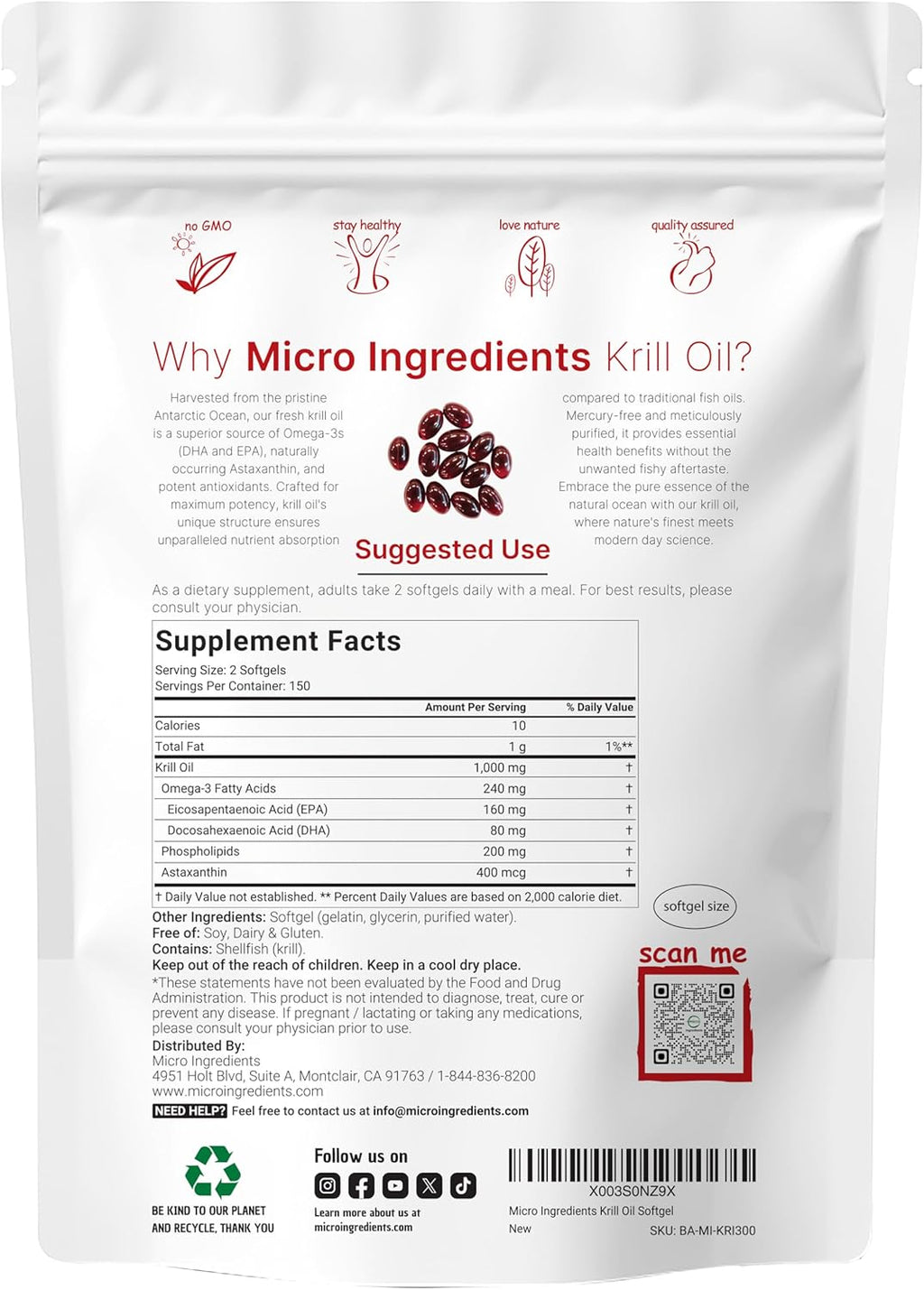 Micro Ingredients Antarctic Krill Oil Supplement with Natural Astaxanthin, 1000mg Per Serving, 300 Soft-Gels, Rich in Omega-3s EPA DHA, Supports Immune System Brain Health, Easy to Swallow