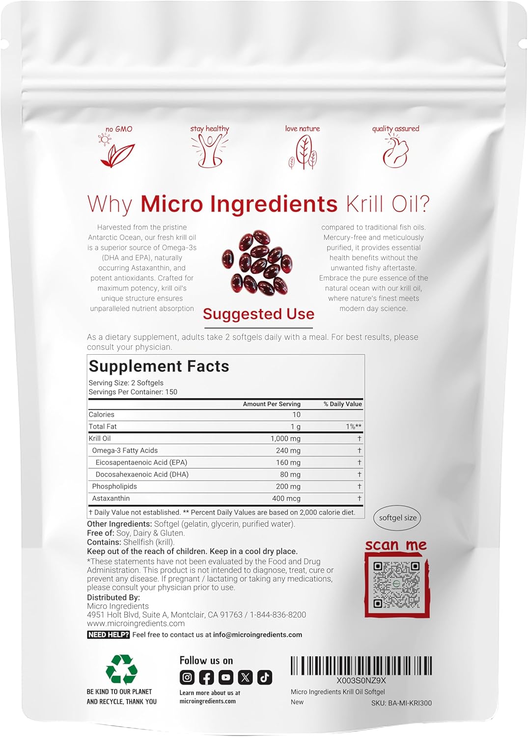 Micro Ingredients Antarctic Krill Oil Supplement with Natural Astaxanthin, 1000mg Per Serving, 300 Soft-Gels, Rich in Omega-3s EPA DHA, Supports Immune System Brain Health, Easy to Swallow